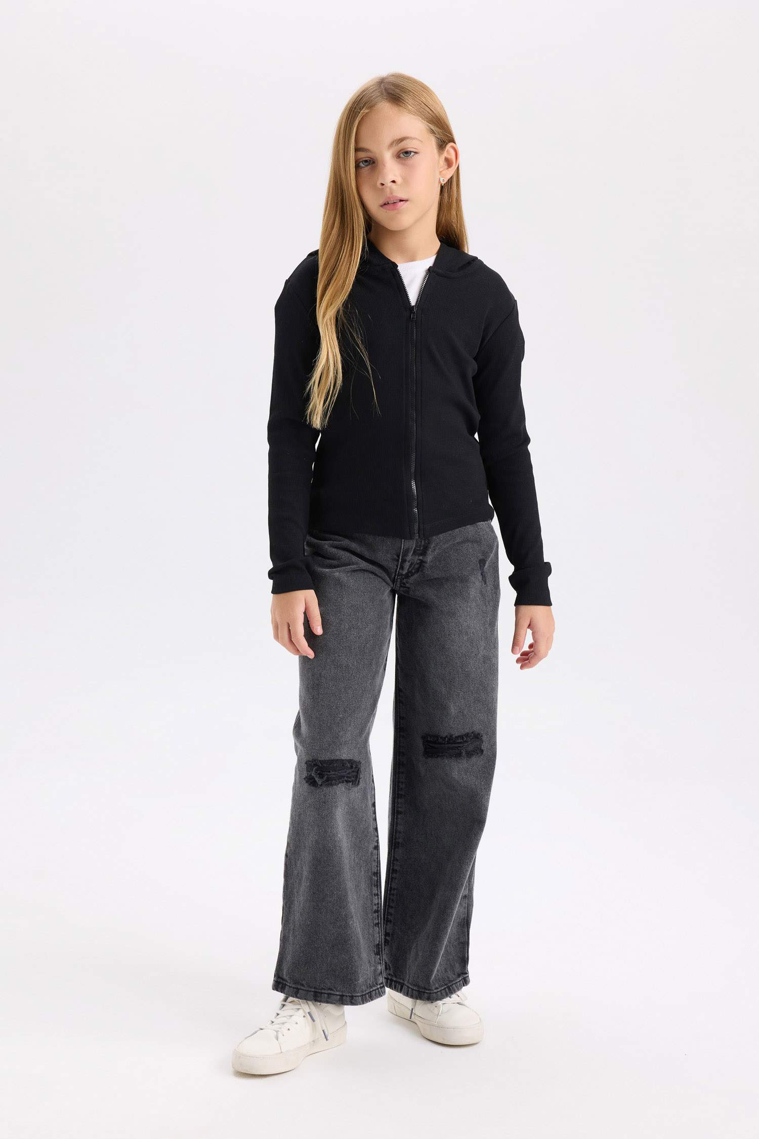 Kız Çocuk Kapüşonlu Fitilli Kaşkorse Fermuarlı Sweatshirt