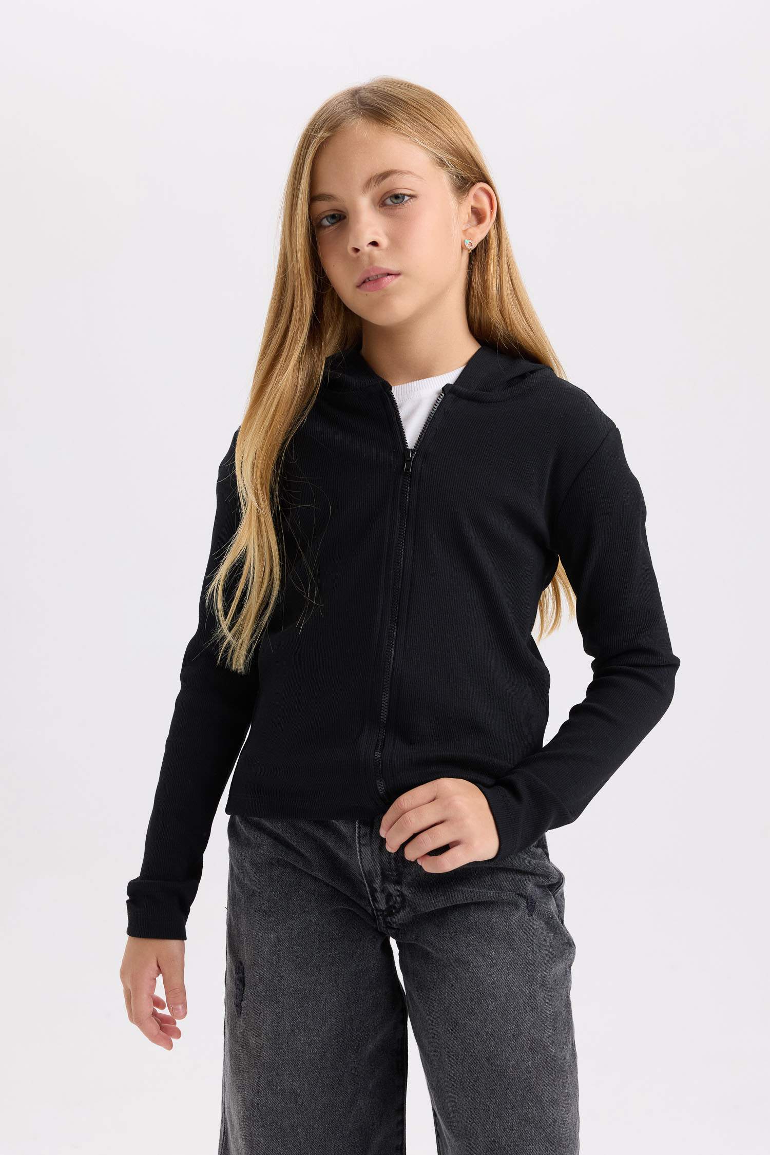 Kız Çocuk Kapüşonlu Fitilli Kaşkorse Fermuarlı Sweatshirt
