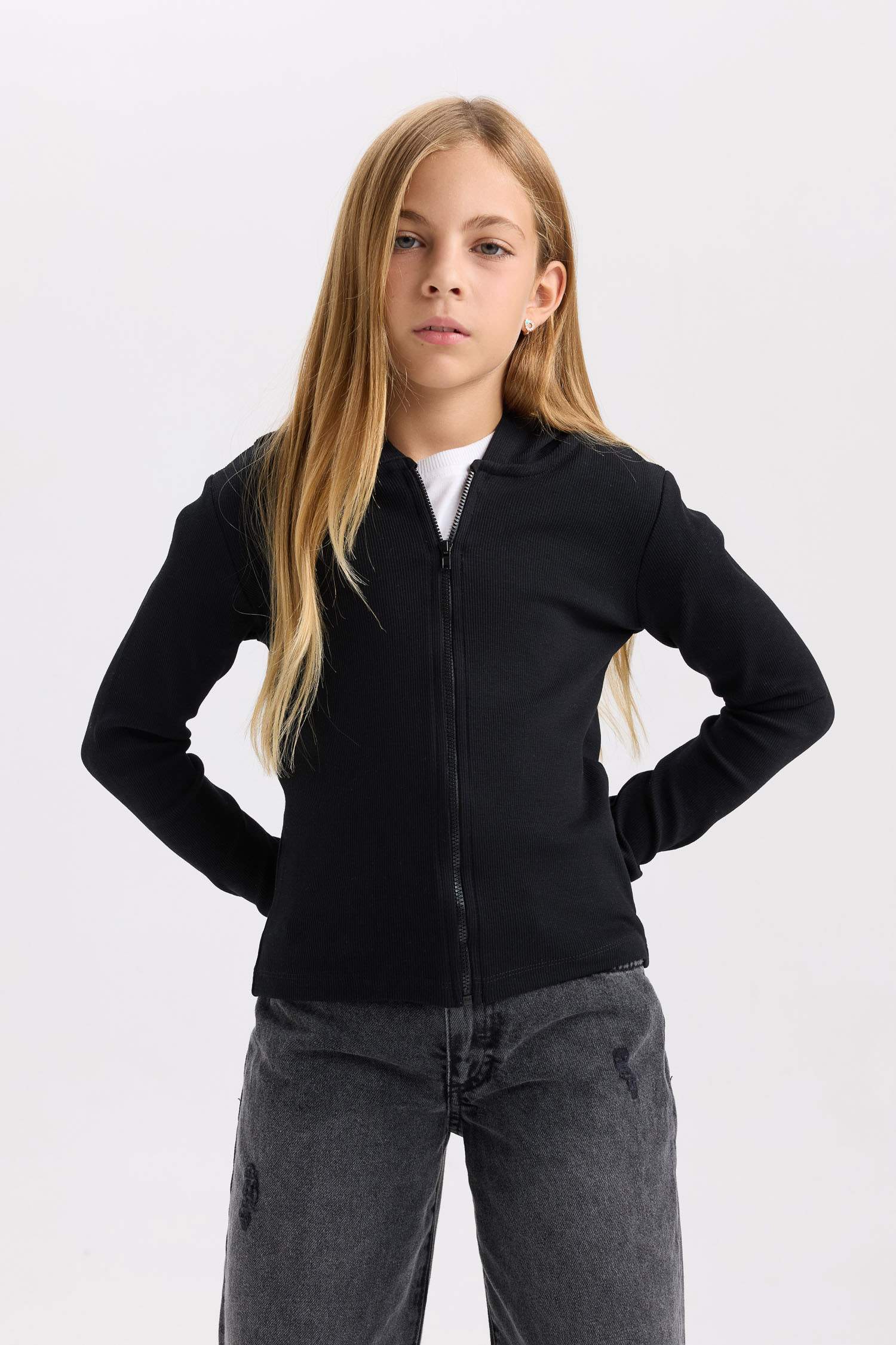 Kız Çocuk Kapüşonlu Fitilli Kaşkorse Fermuarlı Sweatshirt