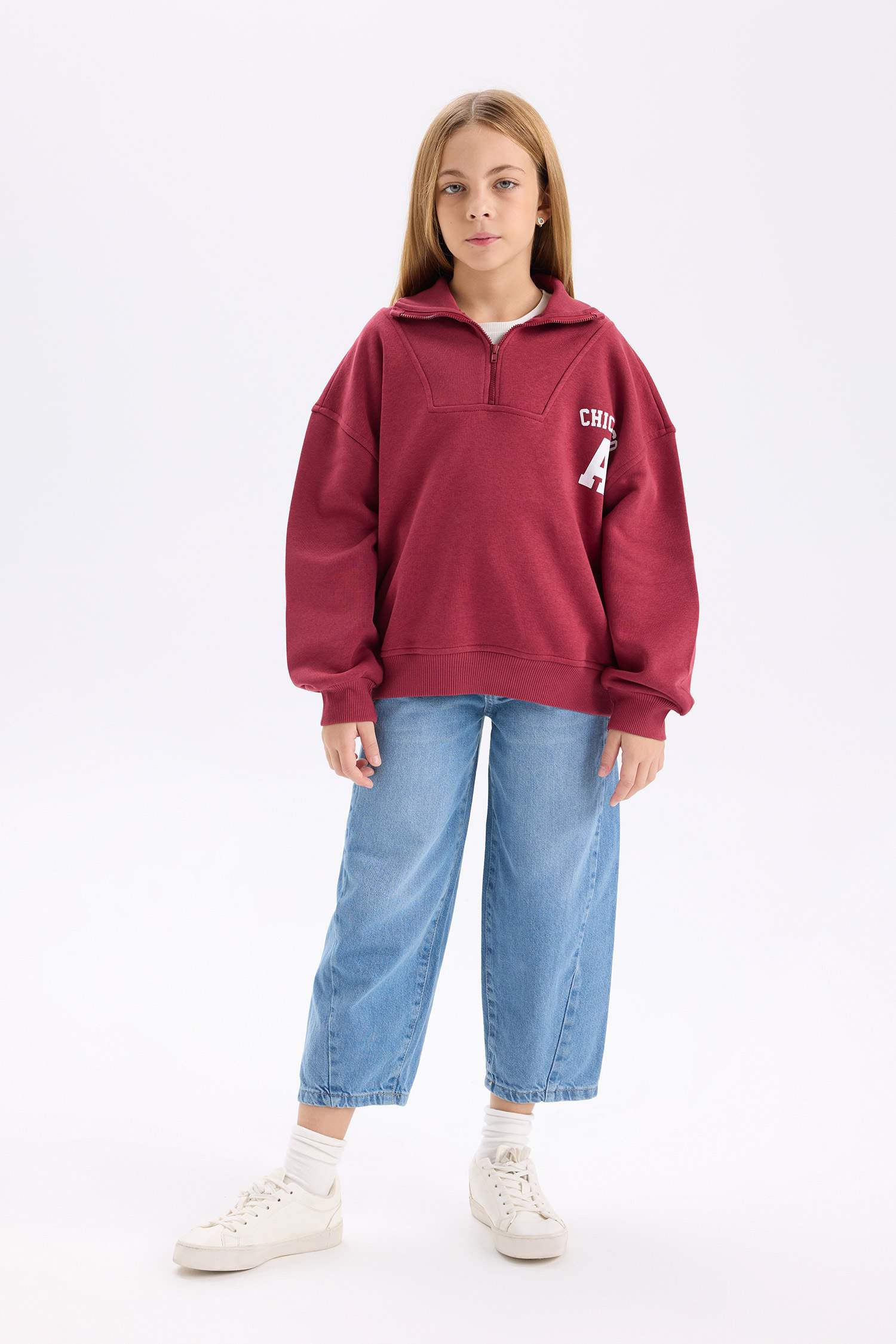 Girl Oversize Fit Zippered Printed Soft Fuzzy Thick Sweatshirt
