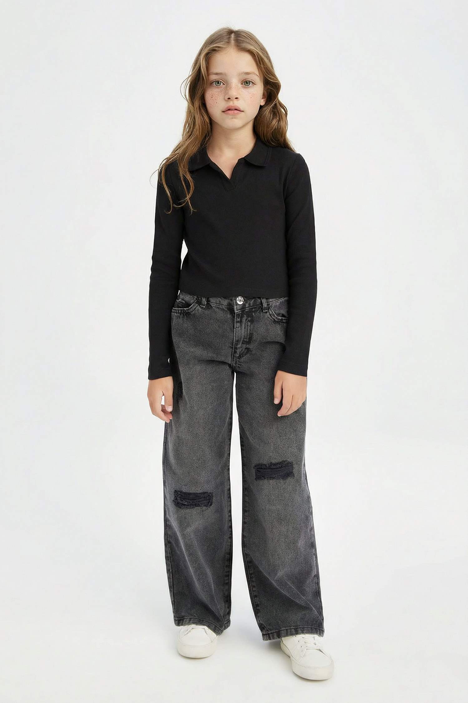 T-shirt Polo crop top en côtelé à manches longues pour fille