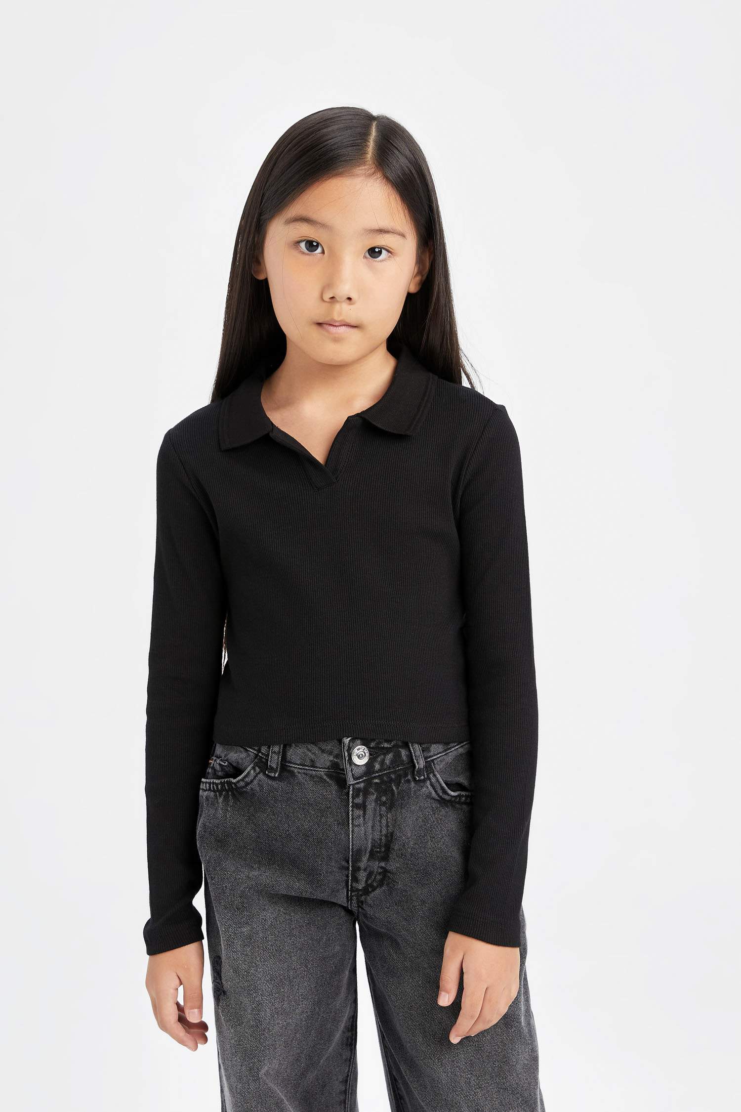 Kız Çocuk Cropped Fit Polo Yaka Basic Düz Fitilli Kaşkorse Uzun Kollu Tişört