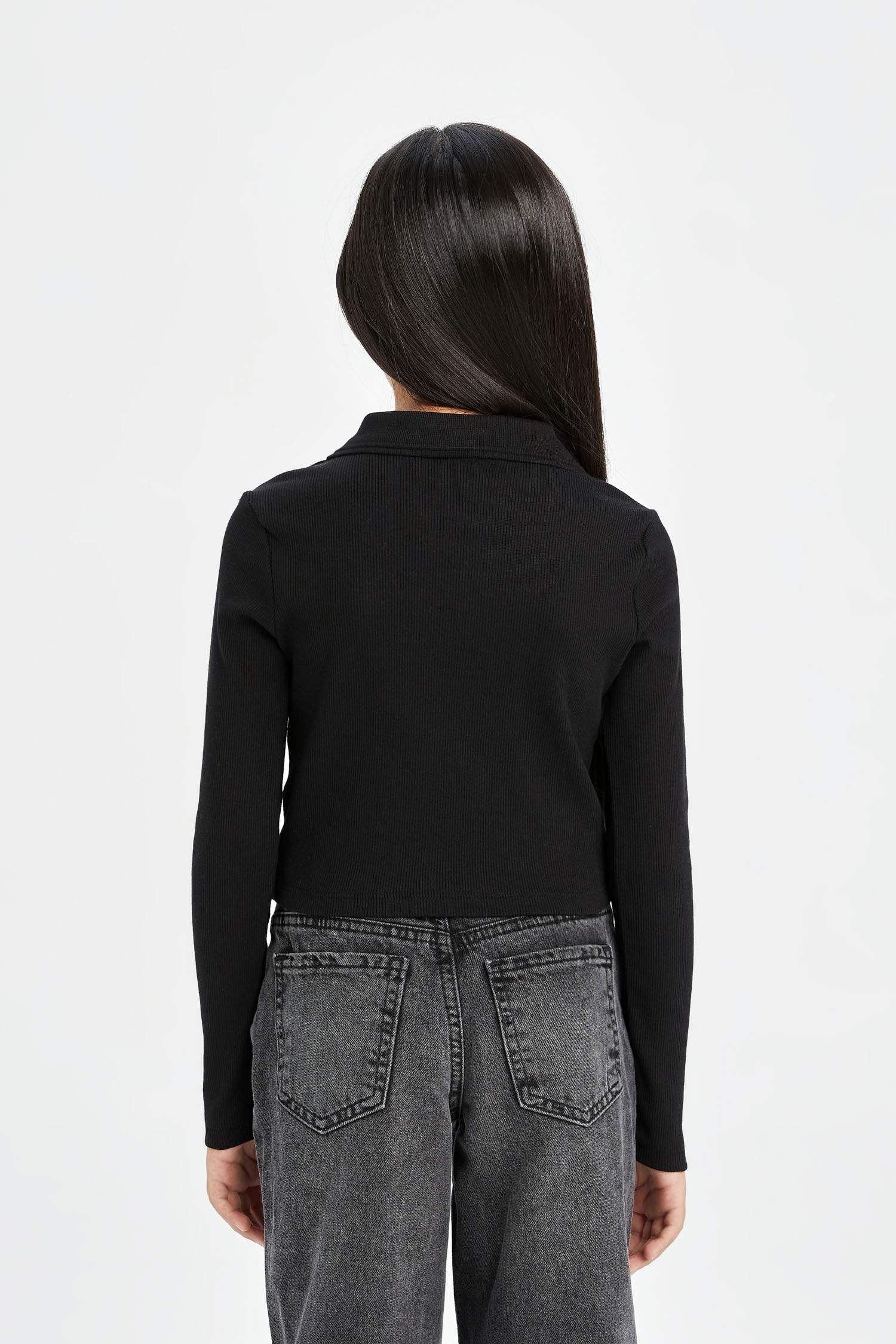 Kız Çocuk Cropped Fit Polo Yaka Basic Düz Fitilli Kaşkorse Uzun Kollu Tişört