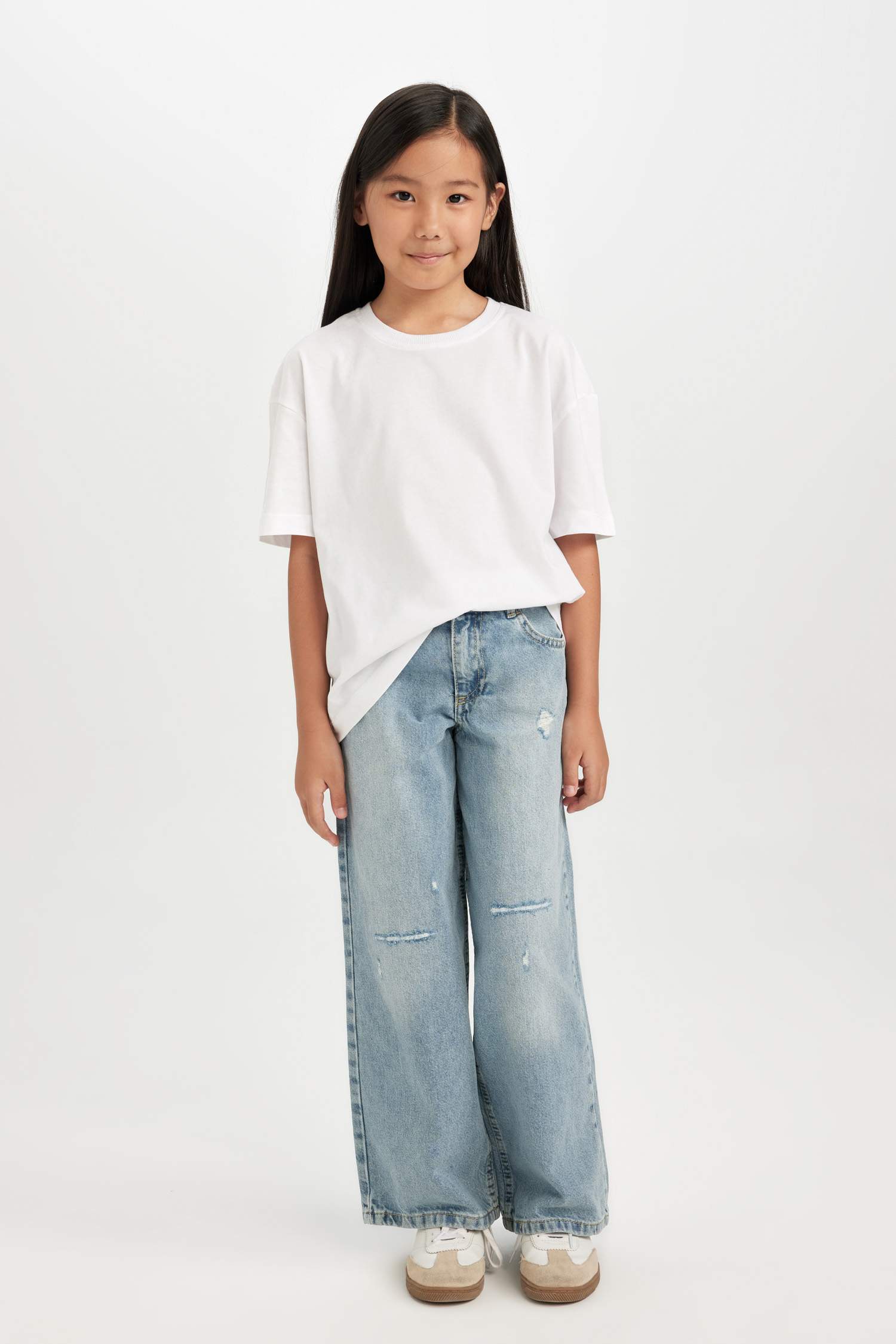 Kız Çocuk Wide Leg Jean Pantolon Yırtık Detaylı Cepli Geniş Bol Paça