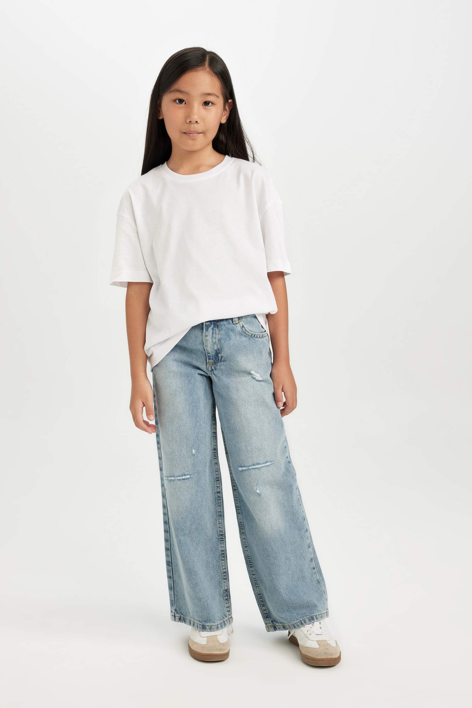 Kız Çocuk Wide Leg Jean Pantolon Yırtık Detaylı Cepli Geniş Bol Paça