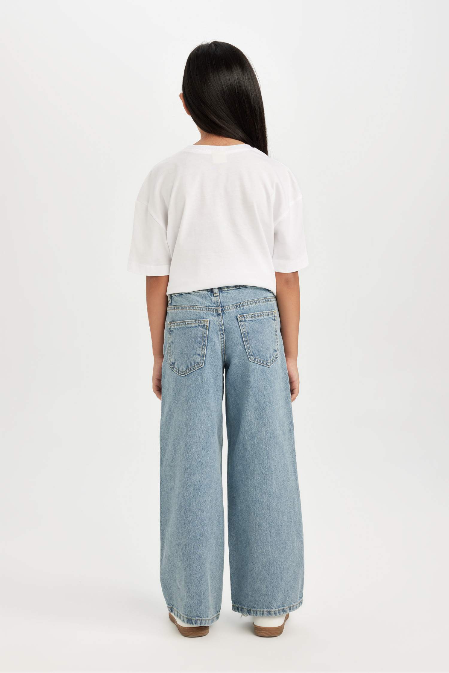 Kız Çocuk Wide Leg Jean Pantolon Yırtık Detaylı Cepli Geniş Bol Paça