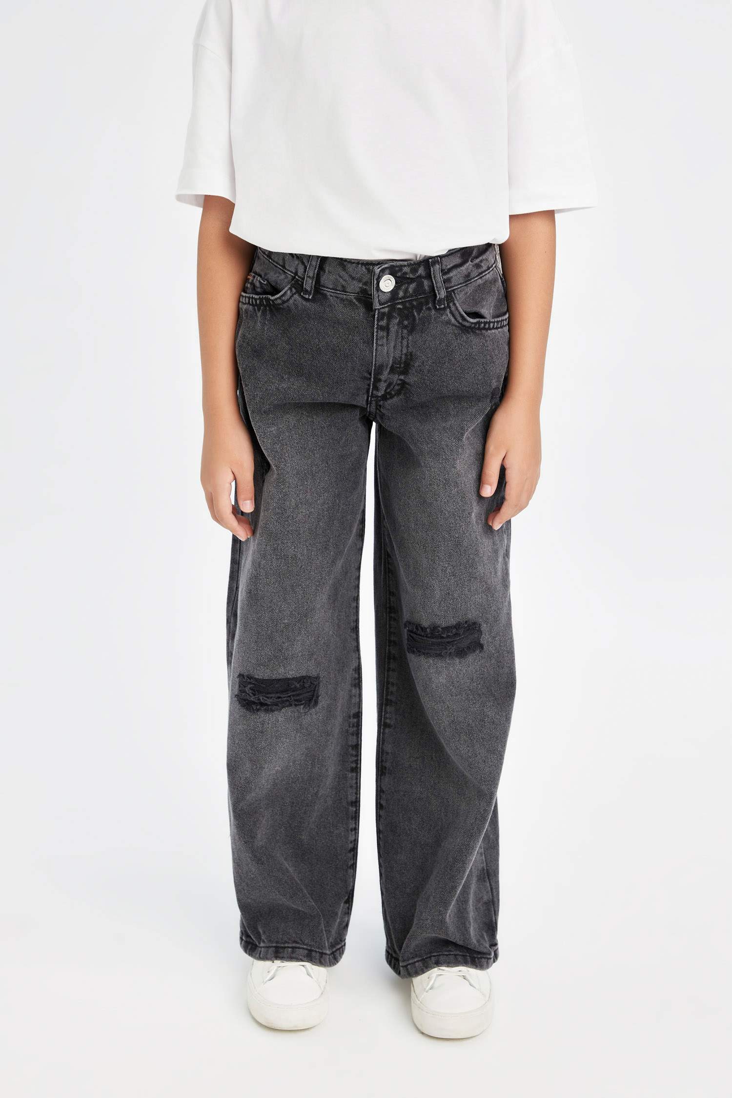 Kız Çocuk Wide Leg Jean Pantolon Yırtık Detaylı Geniş Bol Paça Cepli Antrasit