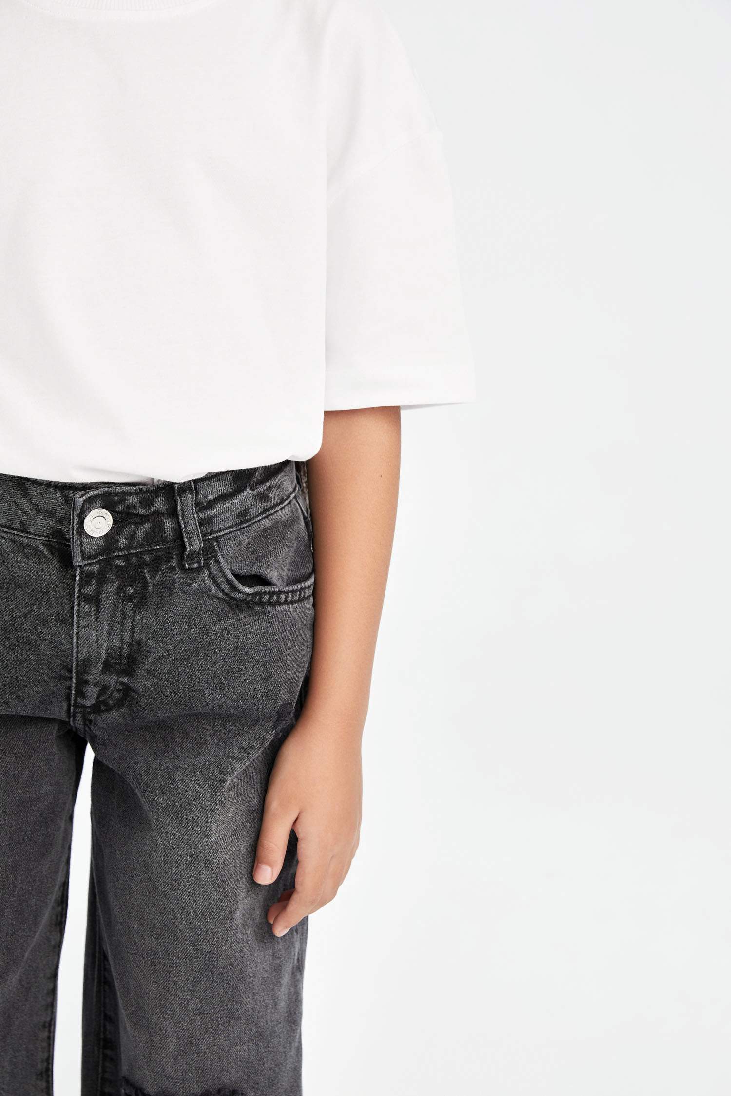 Kız Çocuk Wide Leg Jean Pantolon Yırtık Detaylı Geniş Bol Paça Cepli Antrasit