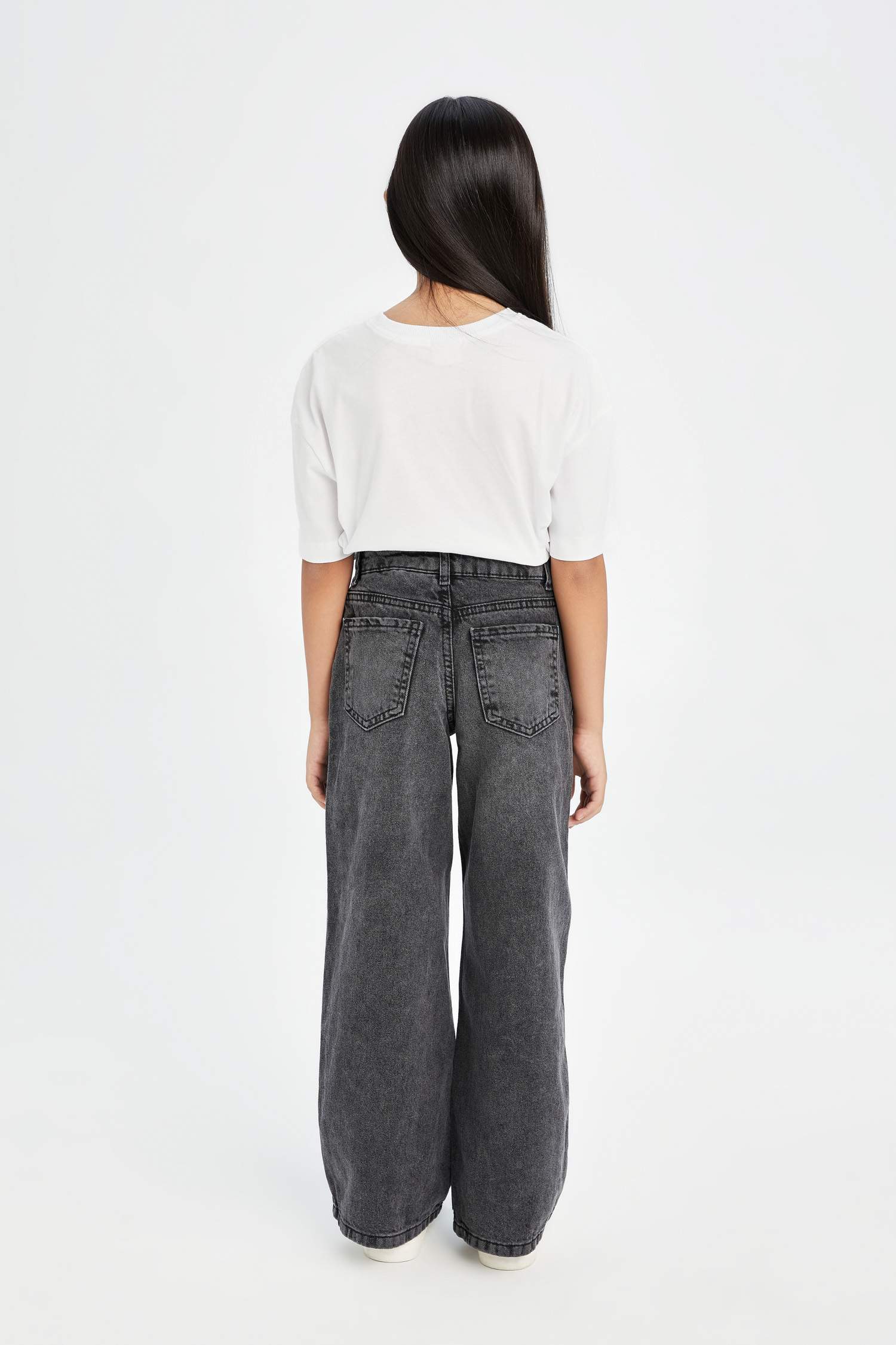 Kız Çocuk Wide Leg Jean Pantolon Yırtık Detaylı Geniş Bol Paça Cepli Antrasit