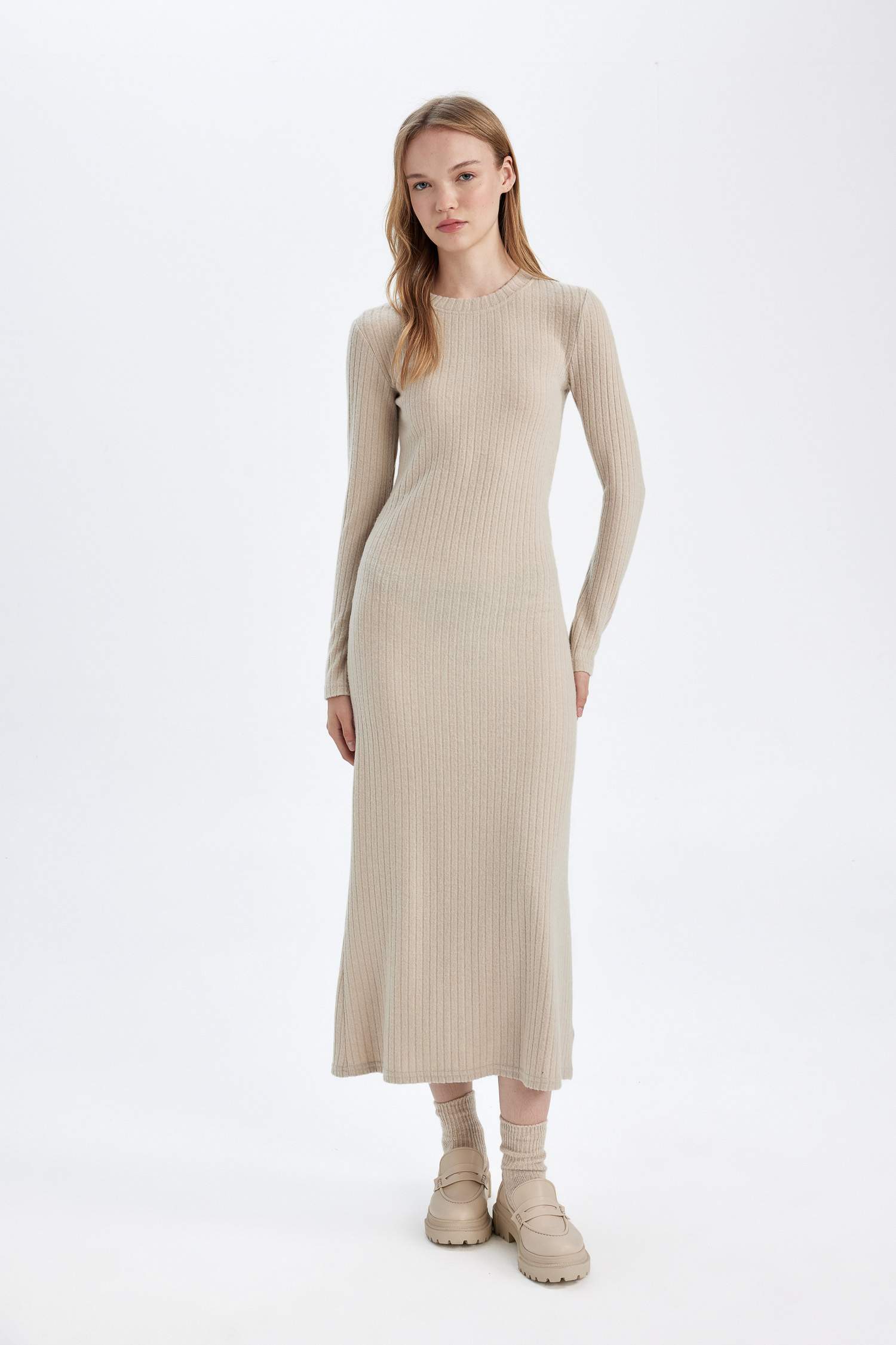 Bodycon Vücudu Saran Bisiklet Yaka Basic Düz Kaşkorse Uzun Kollu Maxi Elbise