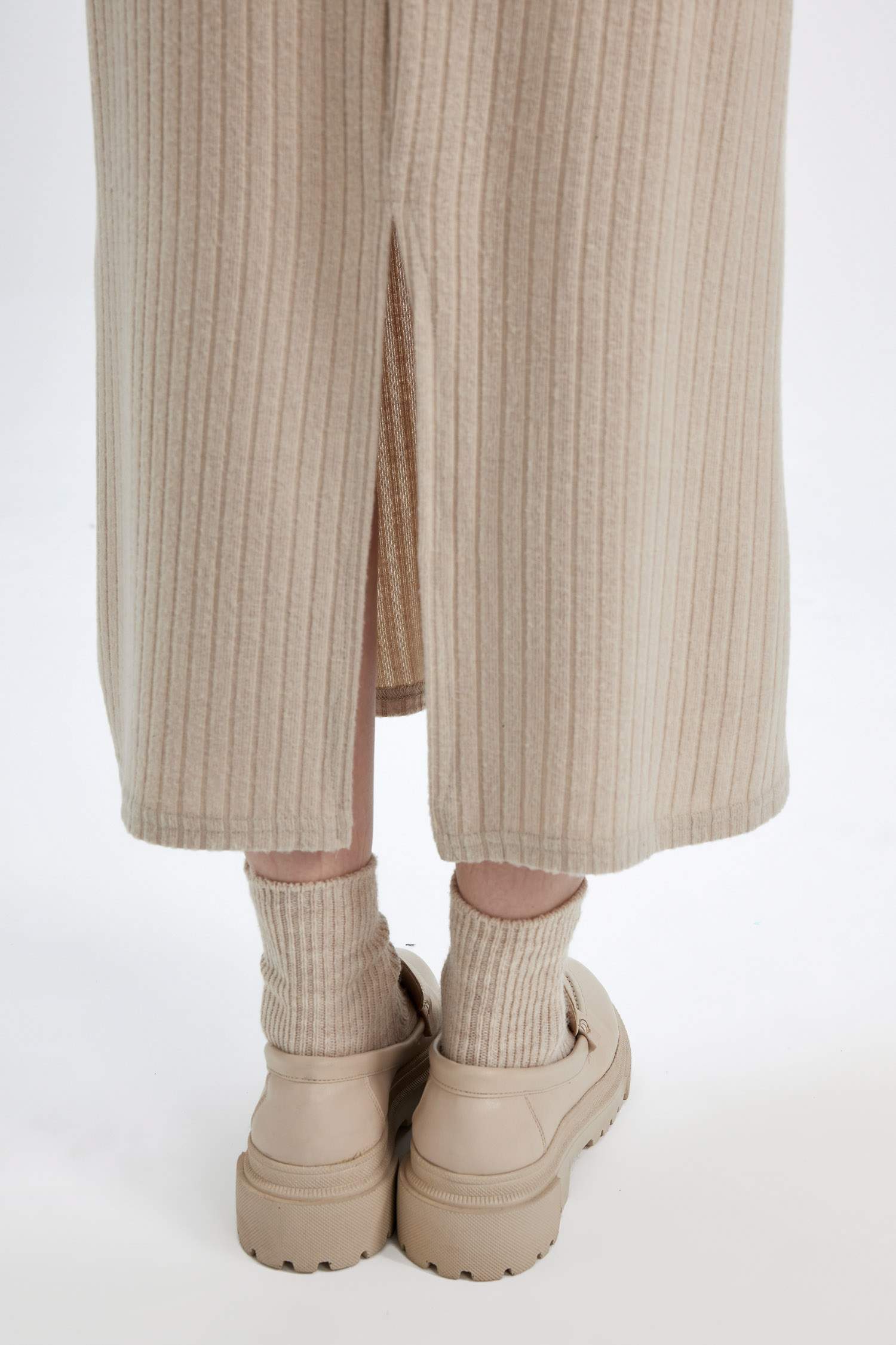 Bodycon Vücudu Saran Bisiklet Yaka Basic Düz Kaşkorse Uzun Kollu Maxi Elbise