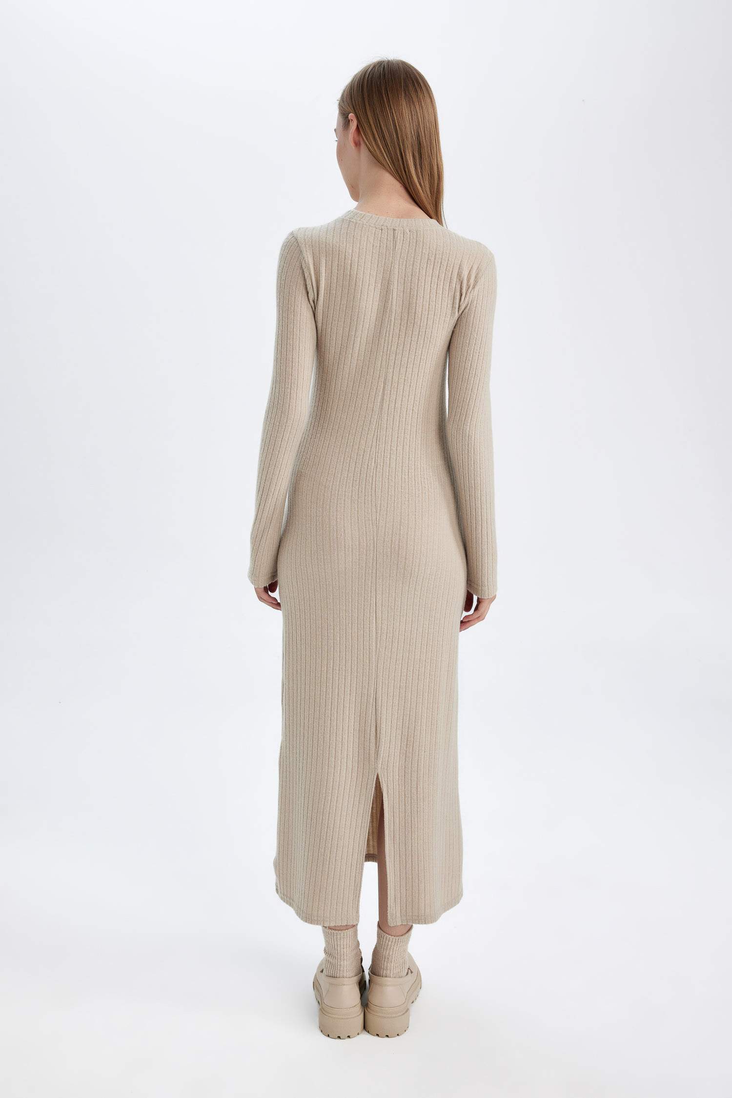 Bodycon Vücudu Saran Bisiklet Yaka Basic Düz Kaşkorse Uzun Kollu Maxi Elbise