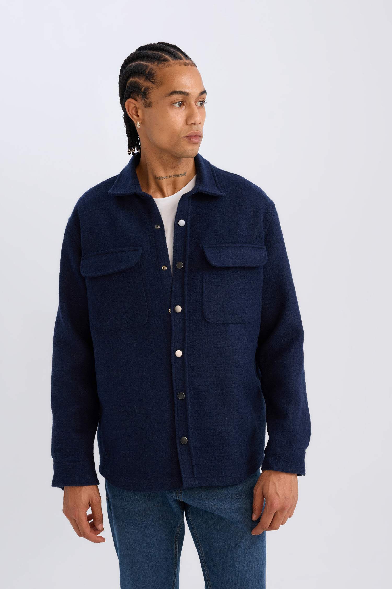 Lacivert Regular Fit Polo Yaka Basic Düz Uzun Kollu Gömlek Ceket