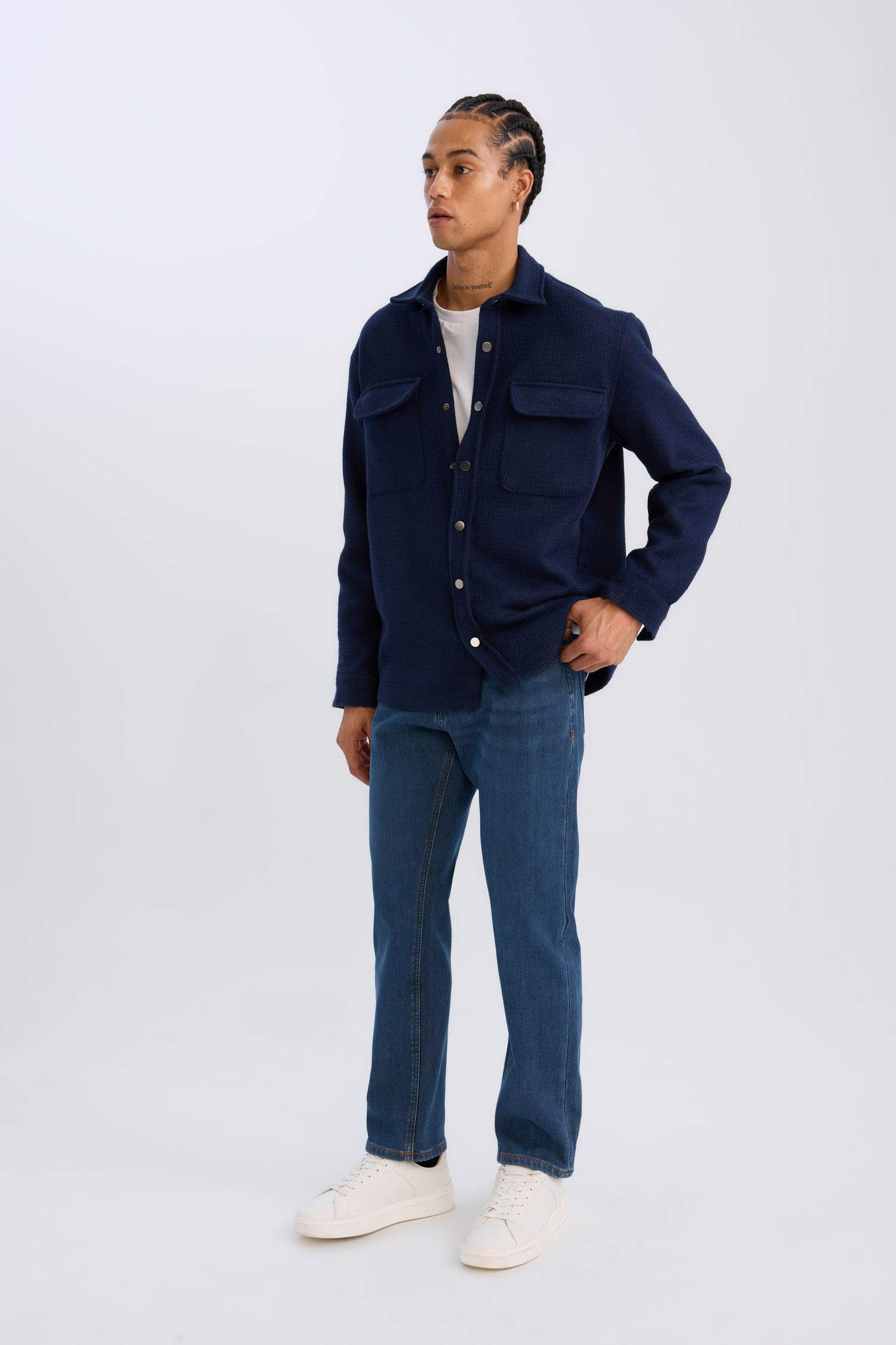 Lacivert Regular Fit Polo Yaka Basic Düz Uzun Kollu Gömlek Ceket