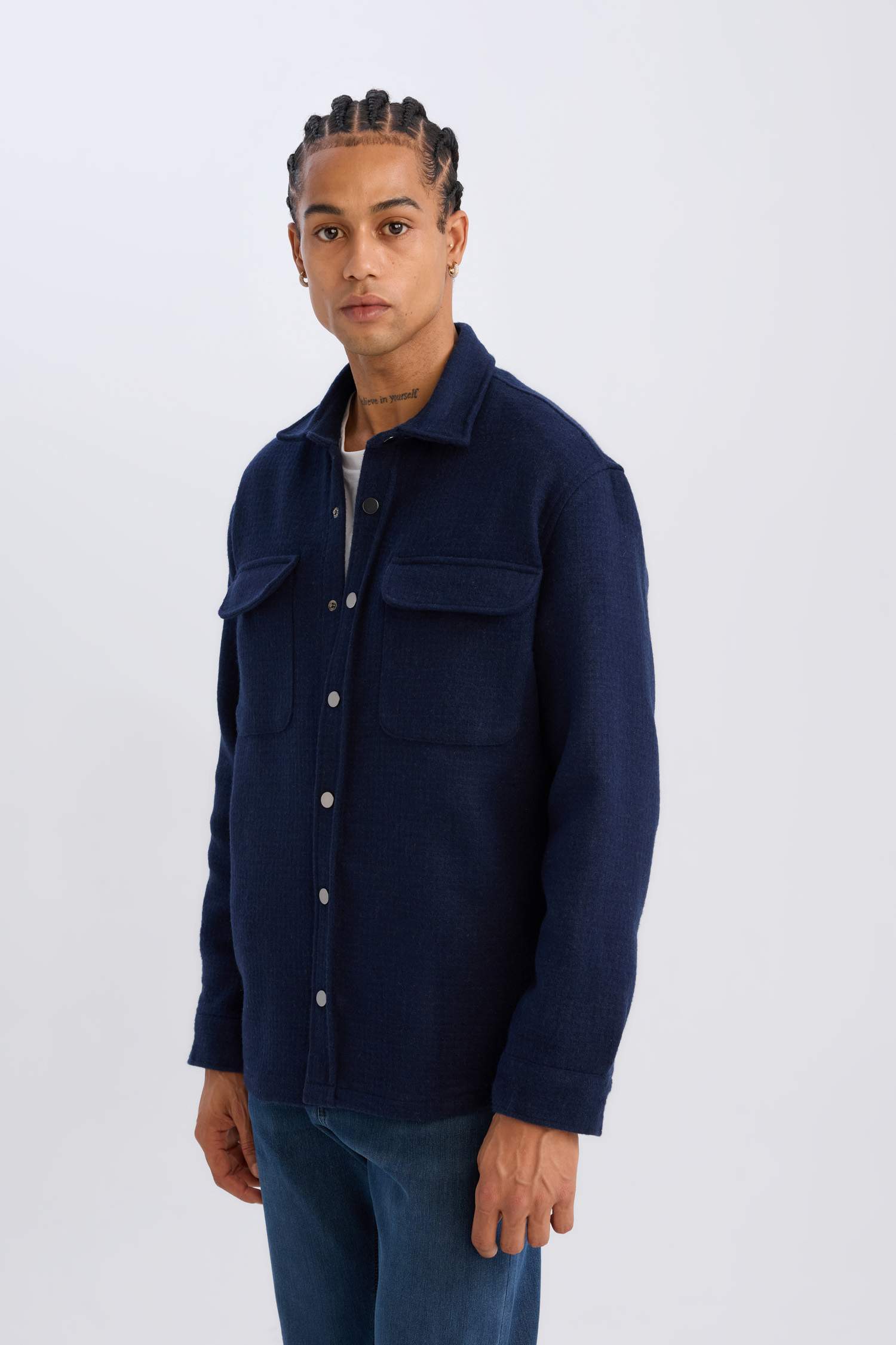 Lacivert Regular Fit Polo Yaka Basic Düz Uzun Kollu Gömlek Ceket