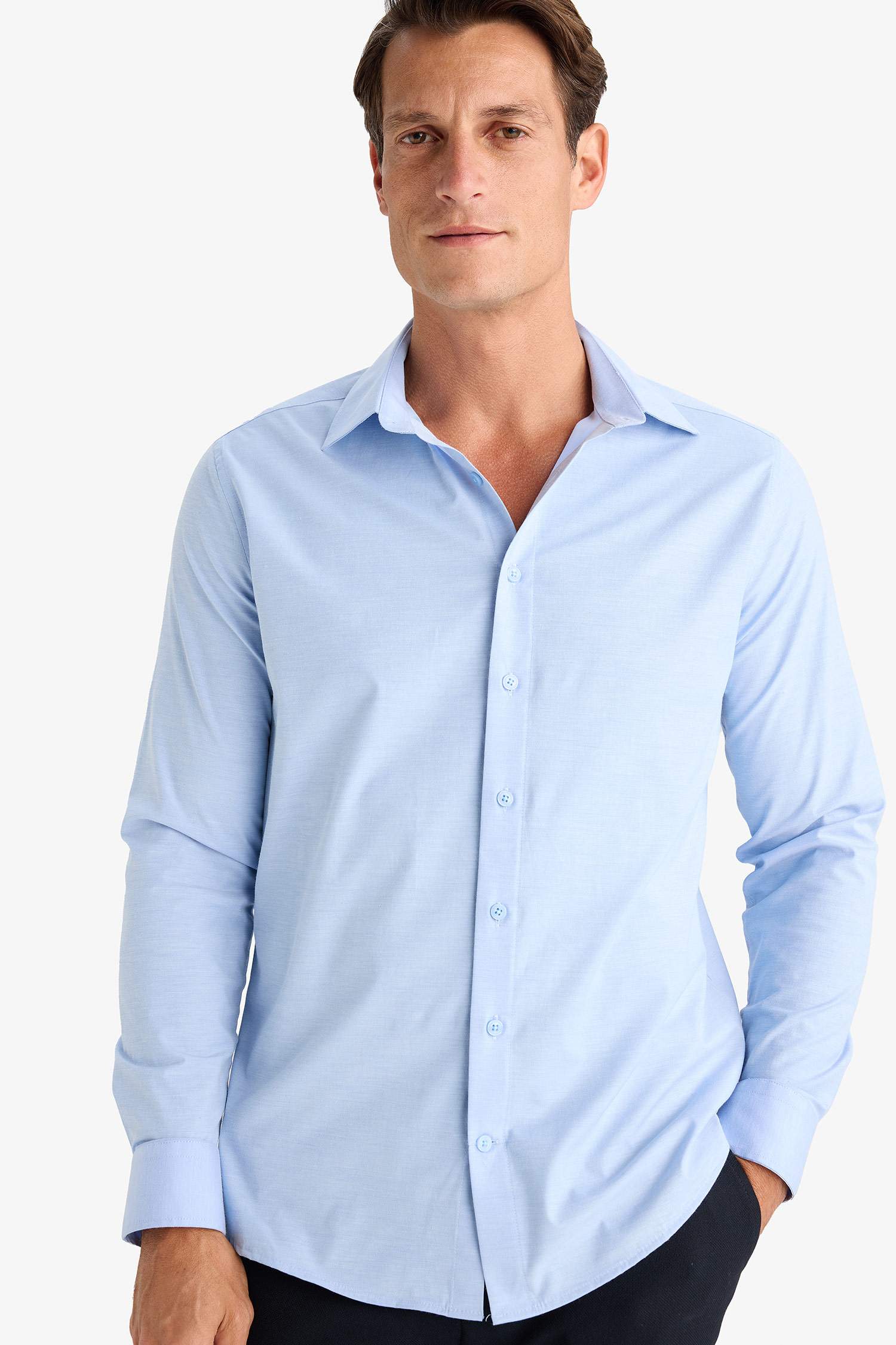 Modern Fit Modern Kesim Poplin  Düz Pamuk Karışımlı Uzun Kollu Gömlek