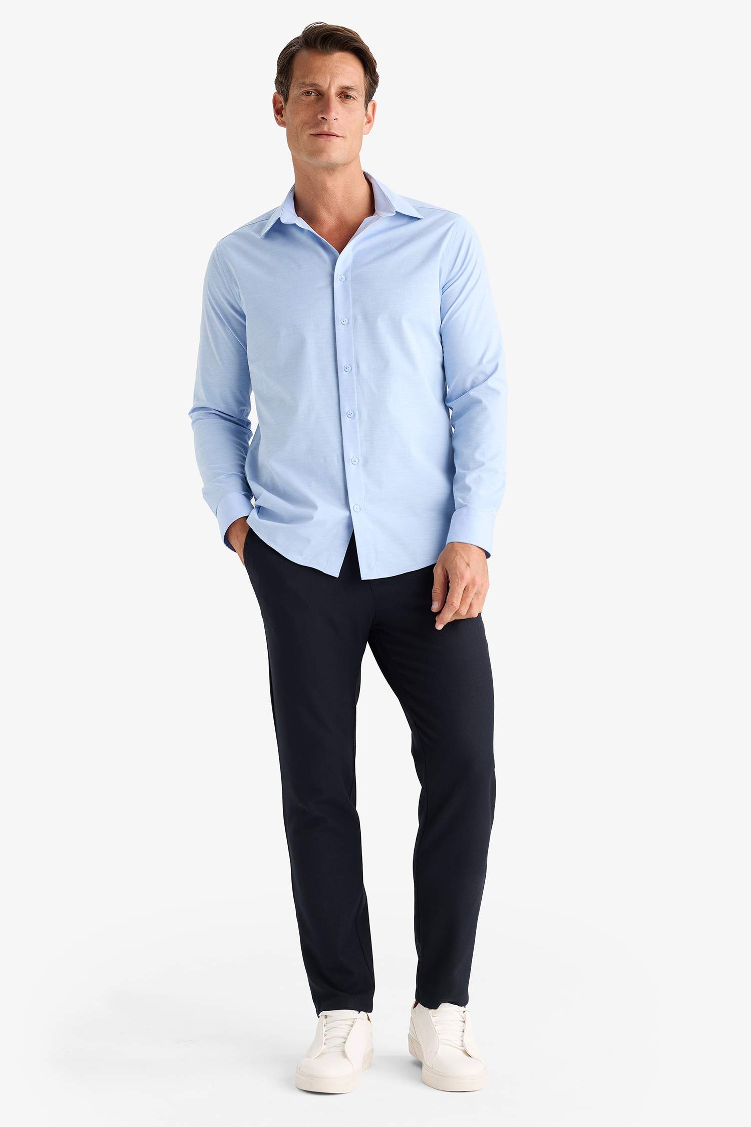 Modern Fit Modern Kesim Poplin  Düz Pamuk Karışımlı Uzun Kollu Gömlek