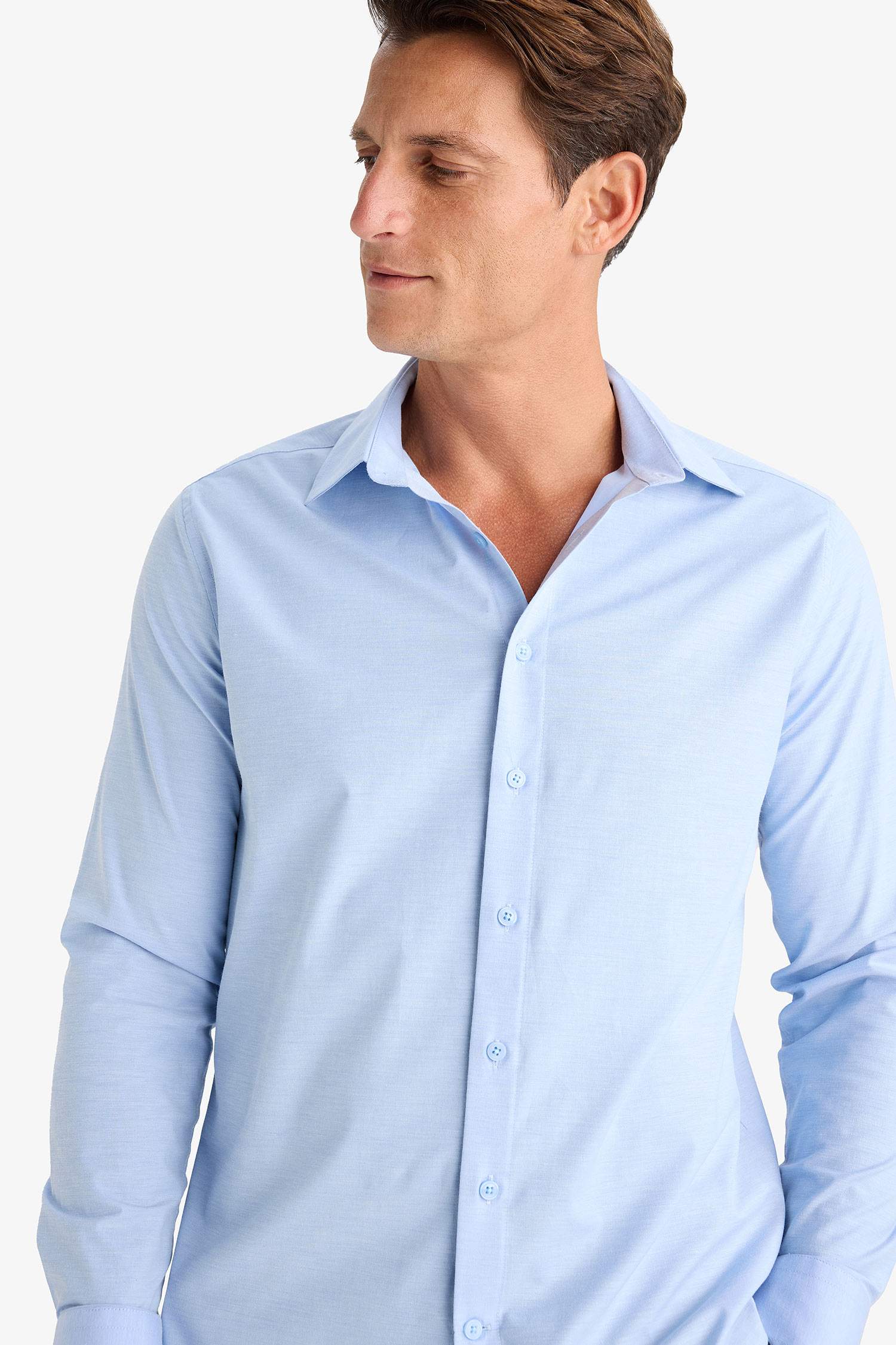 Modern Fit Modern Kesim Poplin  Düz Pamuk Karışımlı Uzun Kollu Gömlek