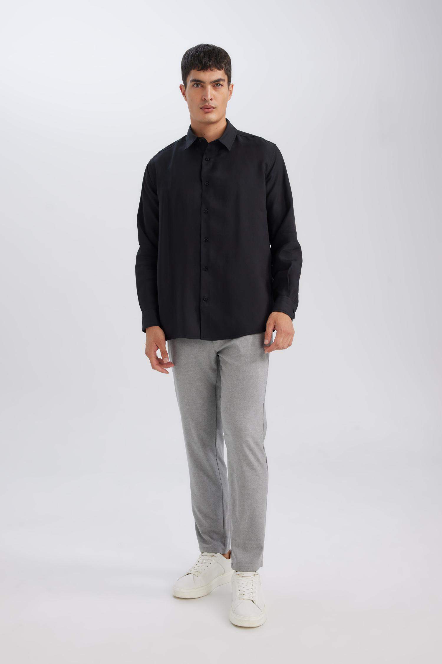 Siyah Relax Fit Polo Yaka Twill Modal Karışımlı Basic Düz Uzun Kollu Gömlek