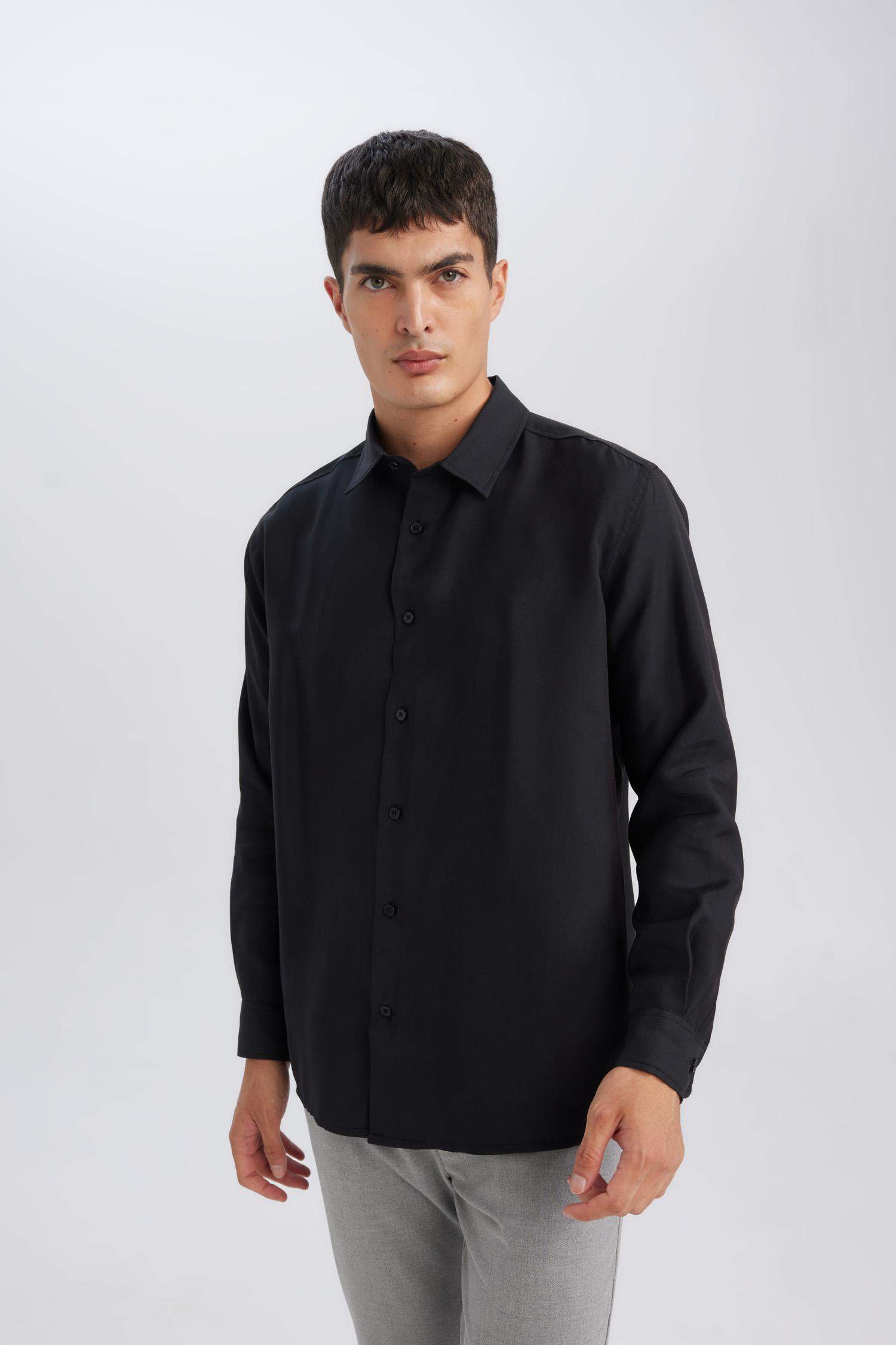 Siyah Relax Fit Polo Yaka Twill Modal Karışımlı Basic Düz Uzun Kollu Gömlek