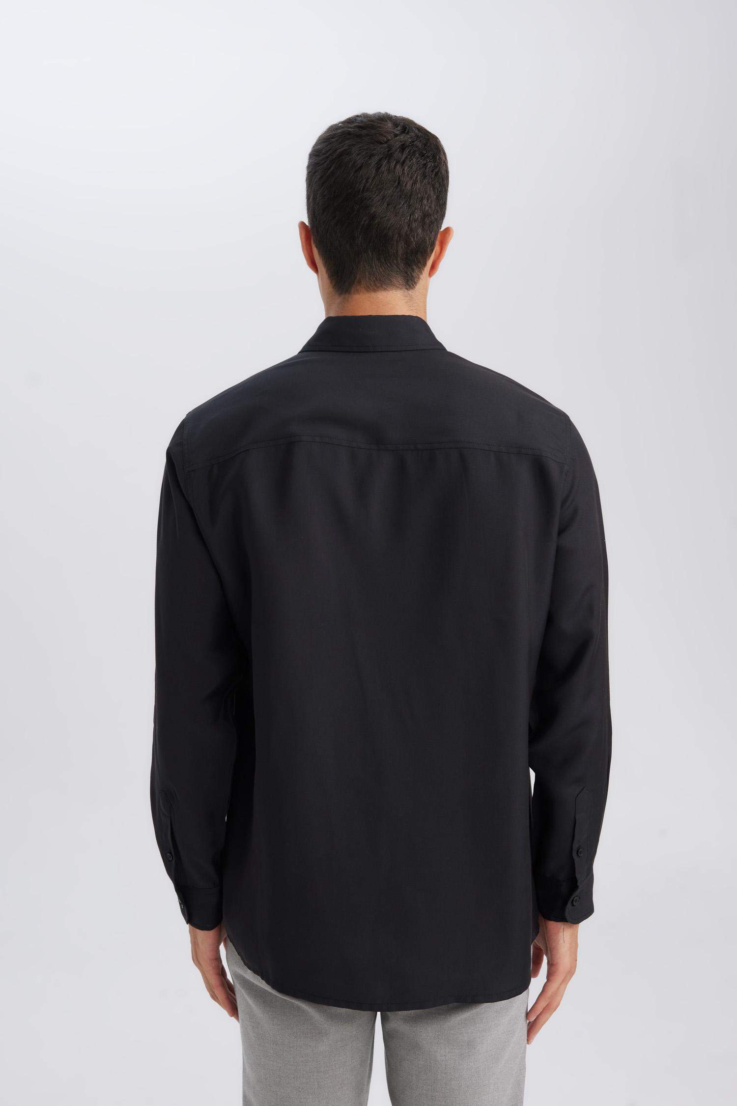 Siyah Relax Fit Polo Yaka Twill Modal Karışımlı Basic Düz Uzun Kollu Gömlek