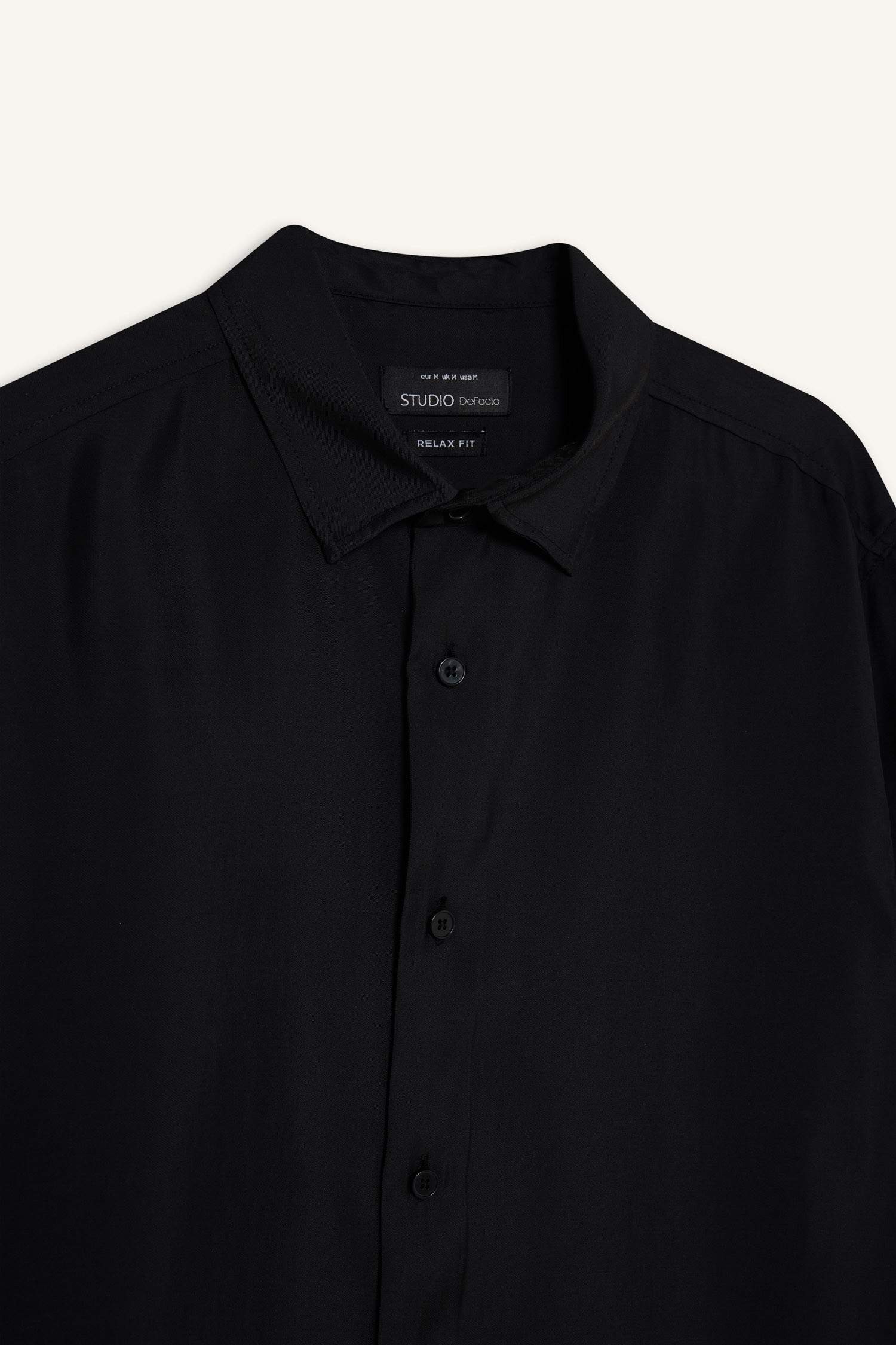 Siyah Relax Fit Polo Yaka Twill Modal Karışımlı Basic Düz Uzun Kollu Gömlek