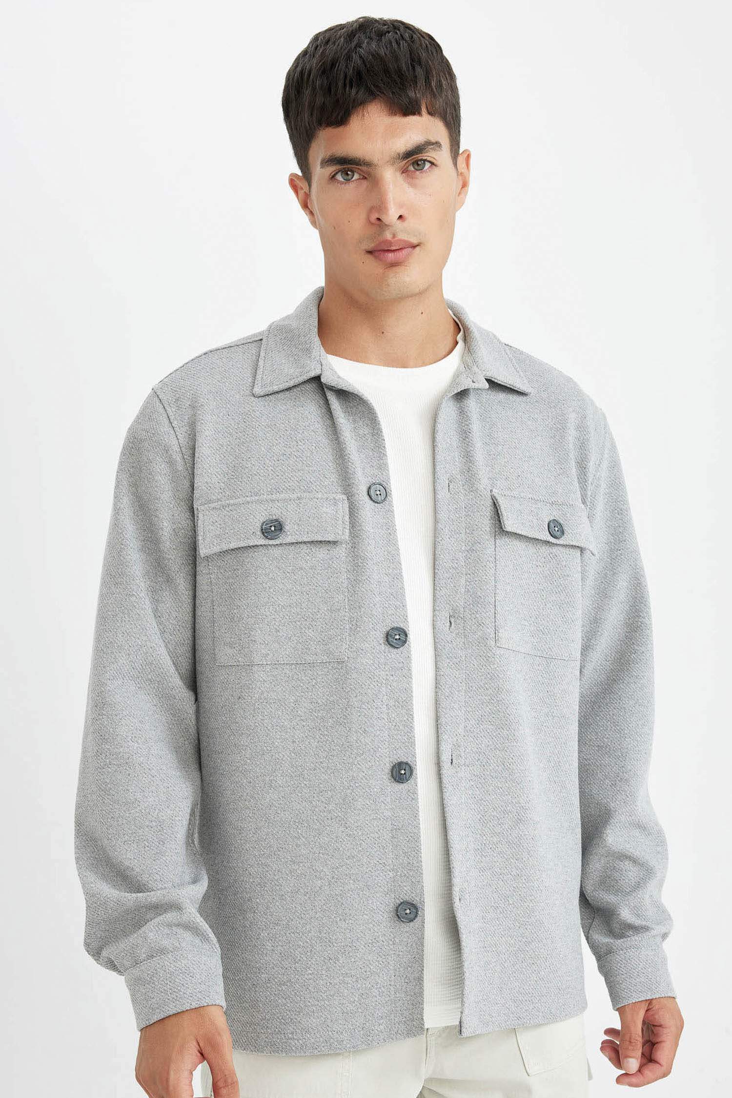 Gri  Polo Yaka Twill Düz Uzun Kollu Gömlek Ceket