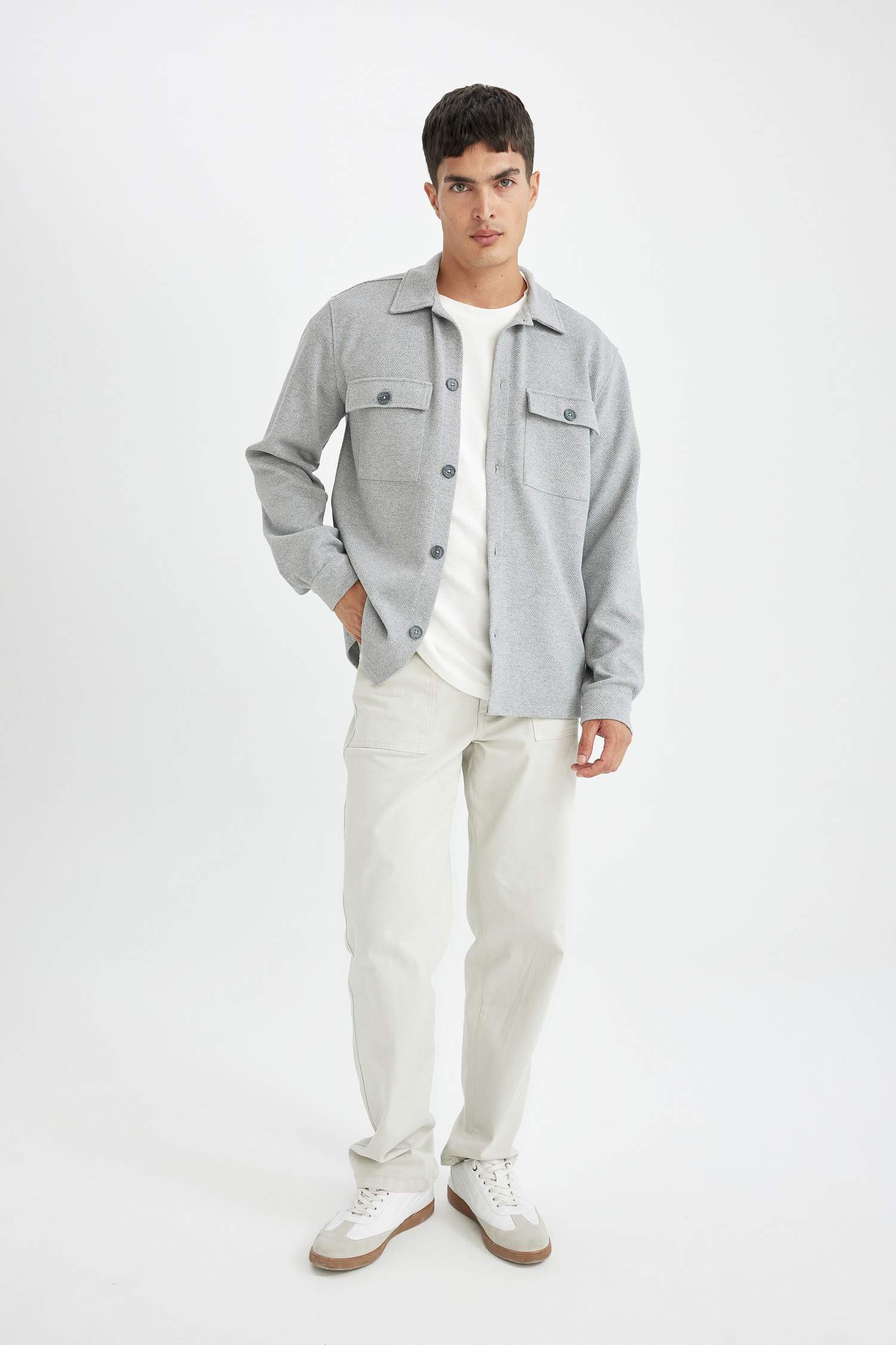 Gri  Polo Yaka Twill Düz Uzun Kollu Gömlek Ceket