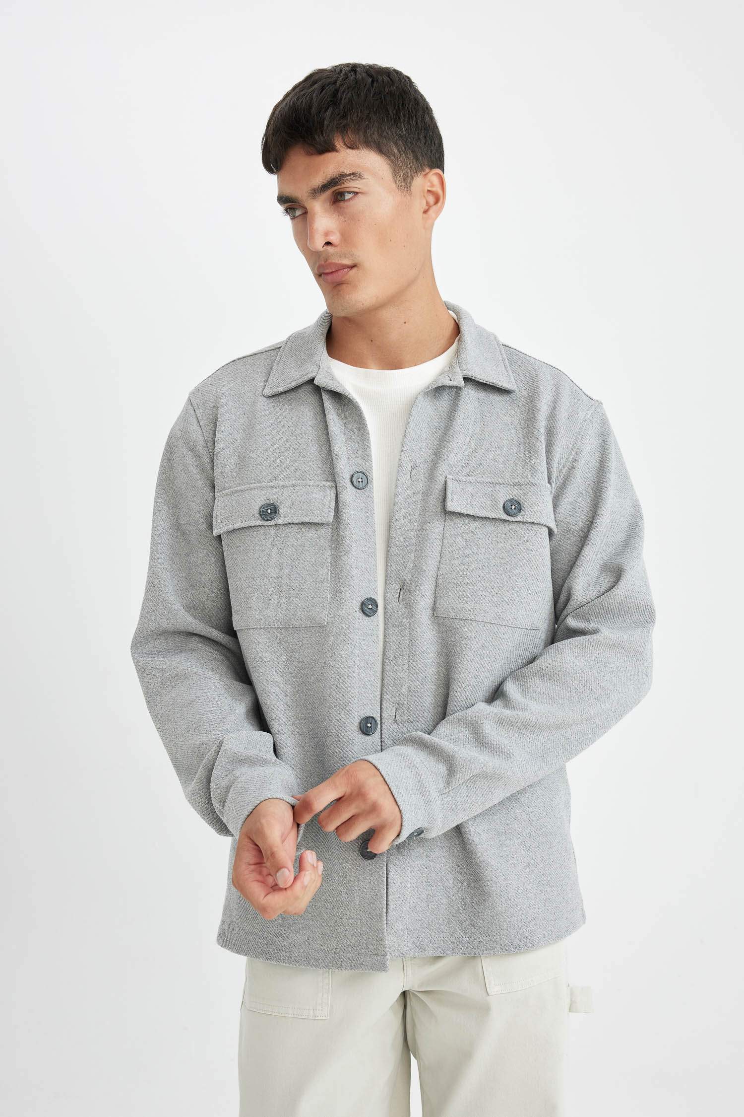 Gri  Polo Yaka Twill Düz Uzun Kollu Gömlek Ceket