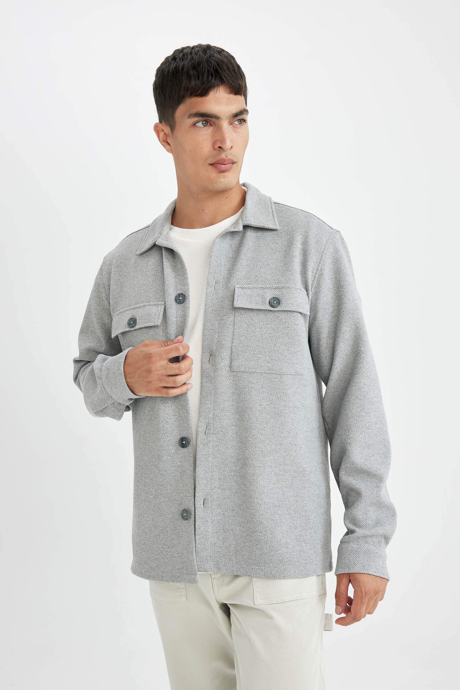 Gri  Polo Yaka Twill Düz Uzun Kollu Gömlek Ceket