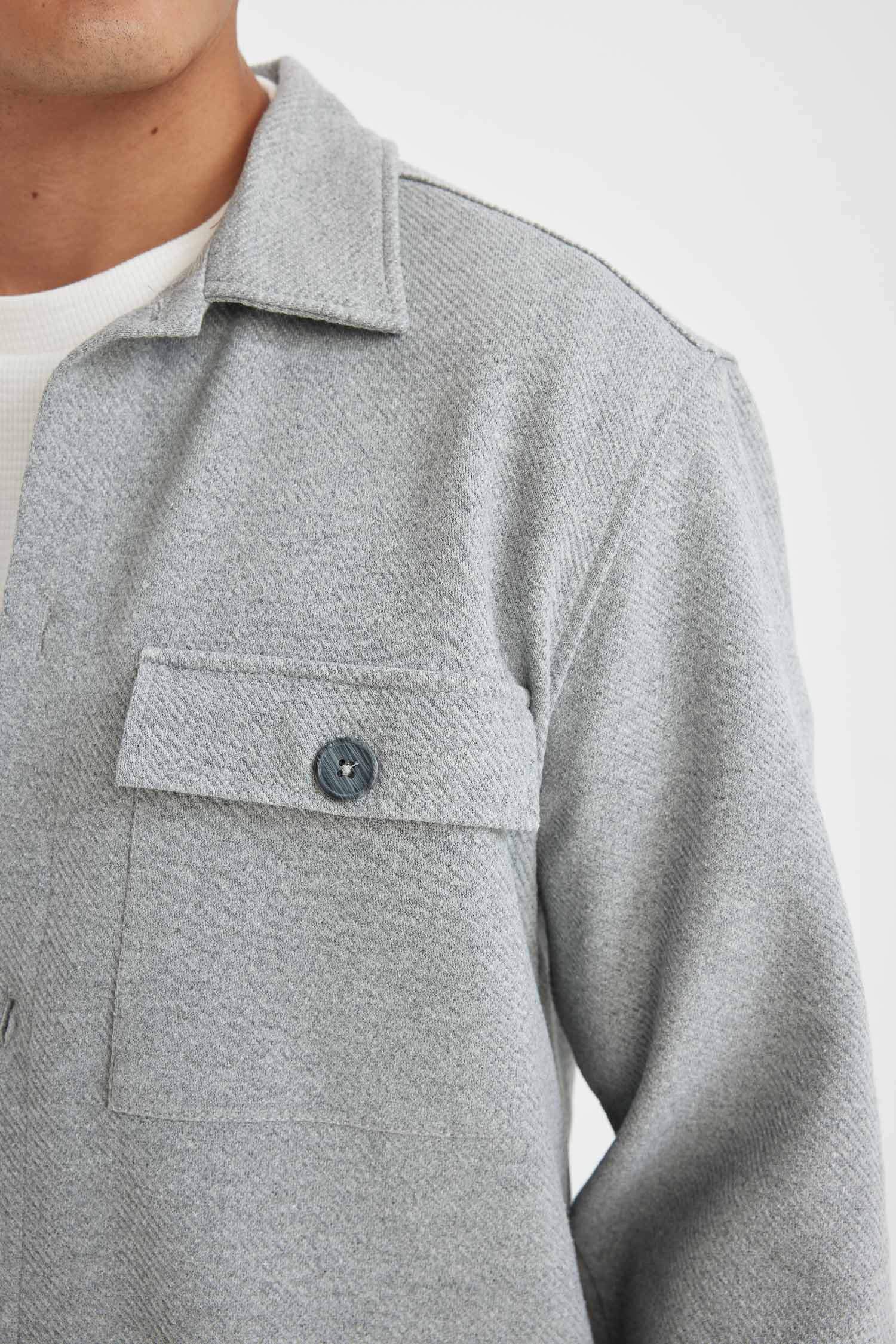 Gri  Polo Yaka Twill Düz Uzun Kollu Gömlek Ceket