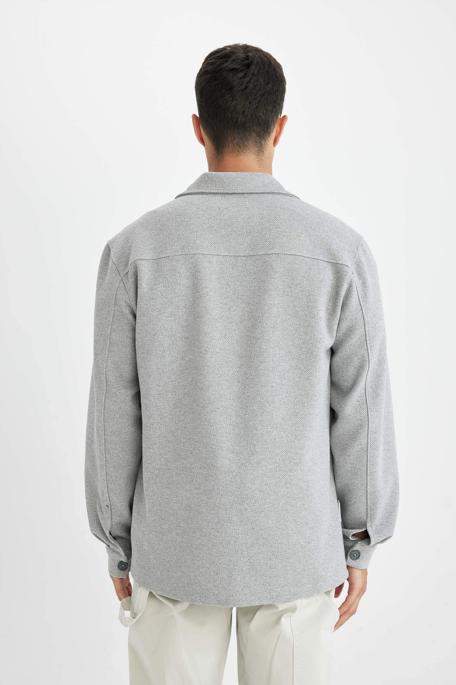 Gri  Polo Yaka Twill Düz Uzun Kollu Gömlek Ceket