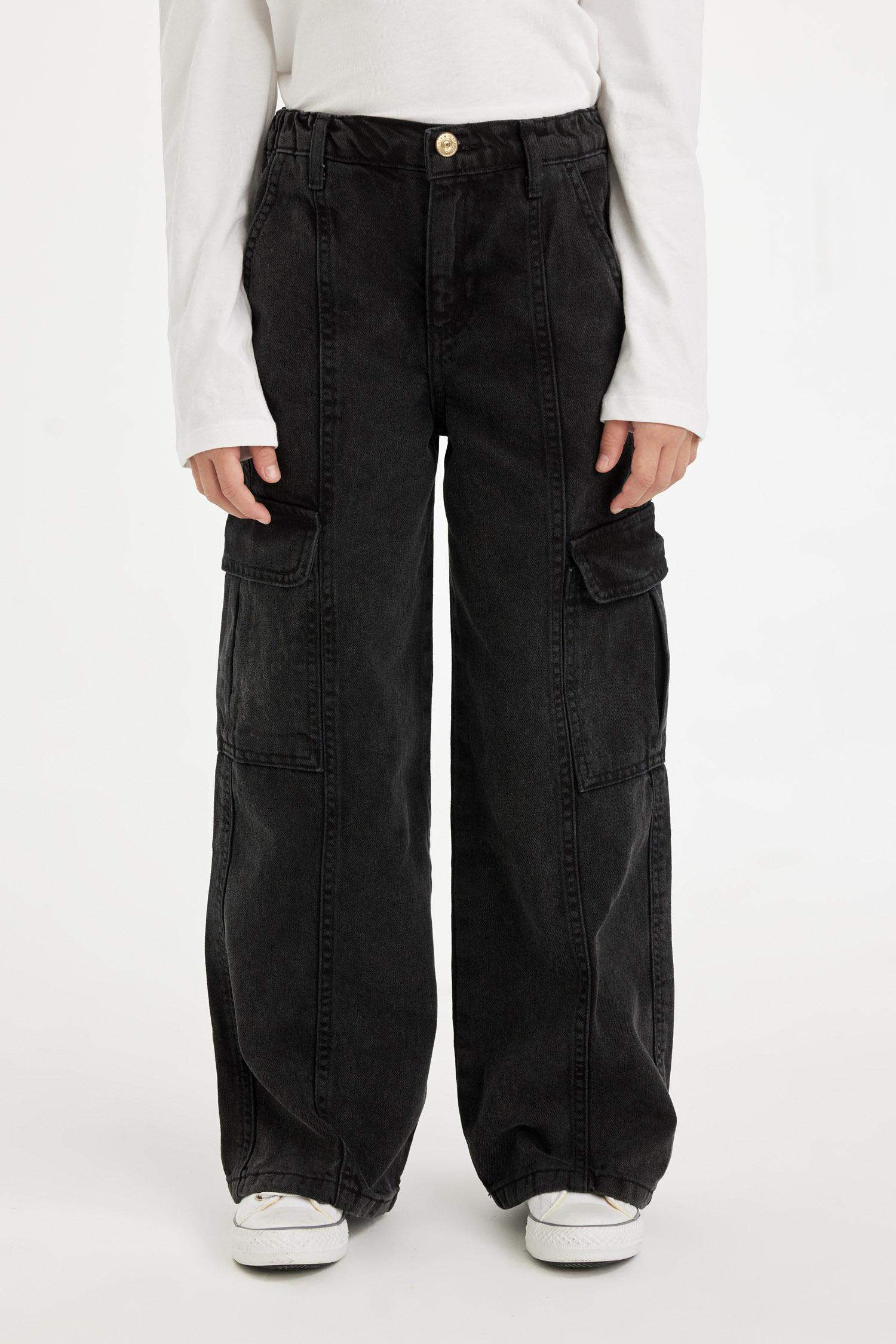 Kız Çocuk Wide Leg Kargo Cepli Geniş Bol Paça Antrasit  Jean Pantolon