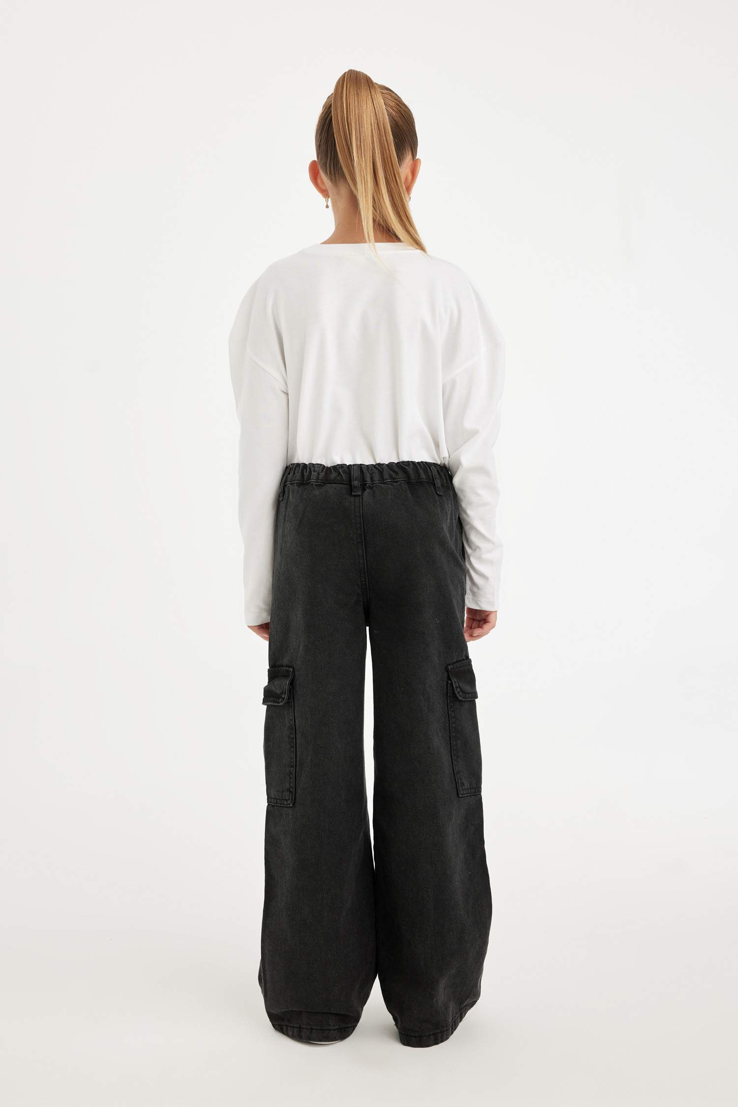 Kız Çocuk Wide Leg Kargo Cepli Geniş Bol Paça Antrasit  Jean Pantolon