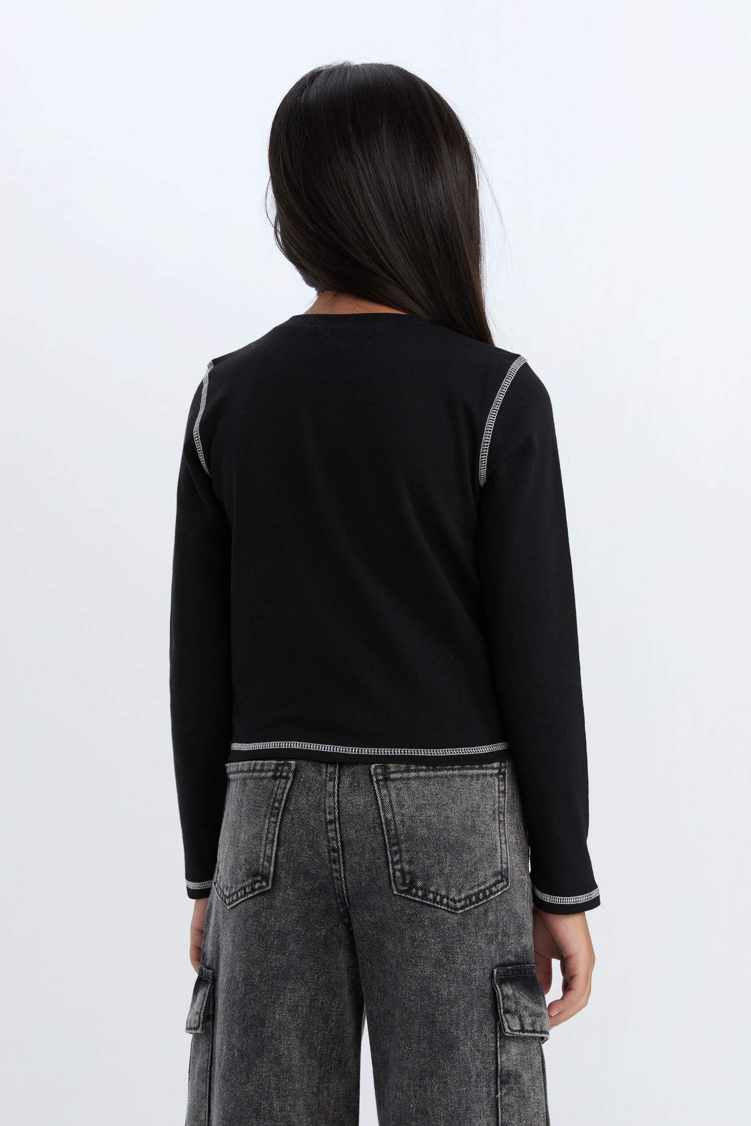 Kız Çocuk Cropped Fit Bisiklet Yaka Baskılı Fitilli Kaşkorse Uzun Kollu Tişört