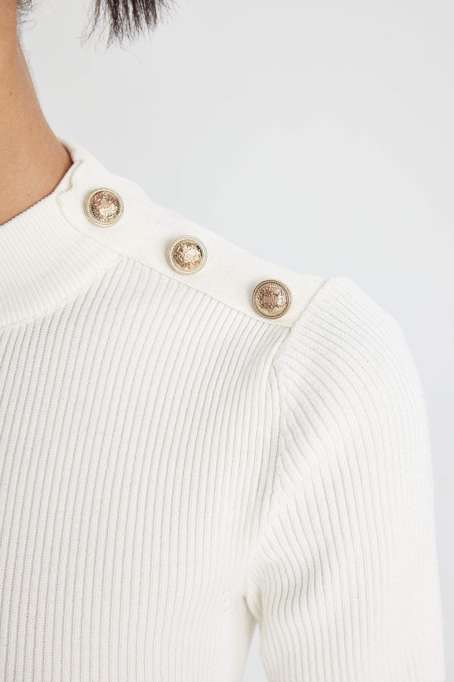 Fitted Yarım Balıkçı Yaka Basic Düz Düğmeli Ribana Beyaz Mini Triko Elbise