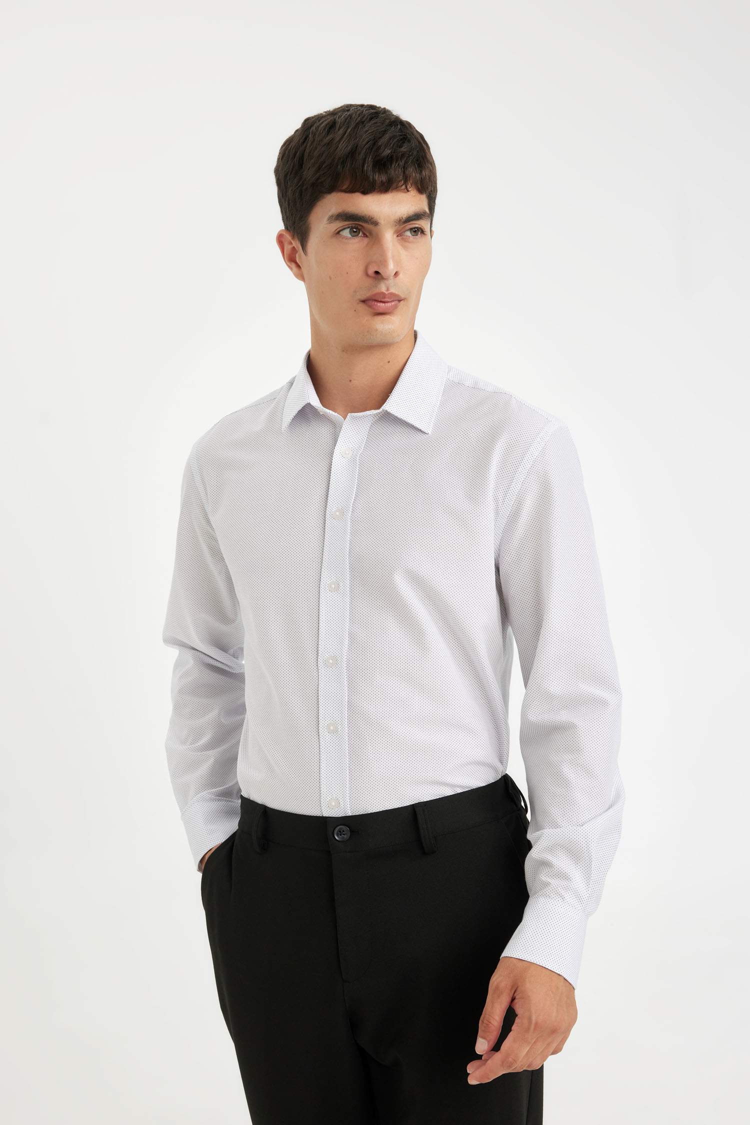 Modern Fit Modern Kesim Poplin Desenli Pamuk Karışımlı Uzun Kollu Gömlek