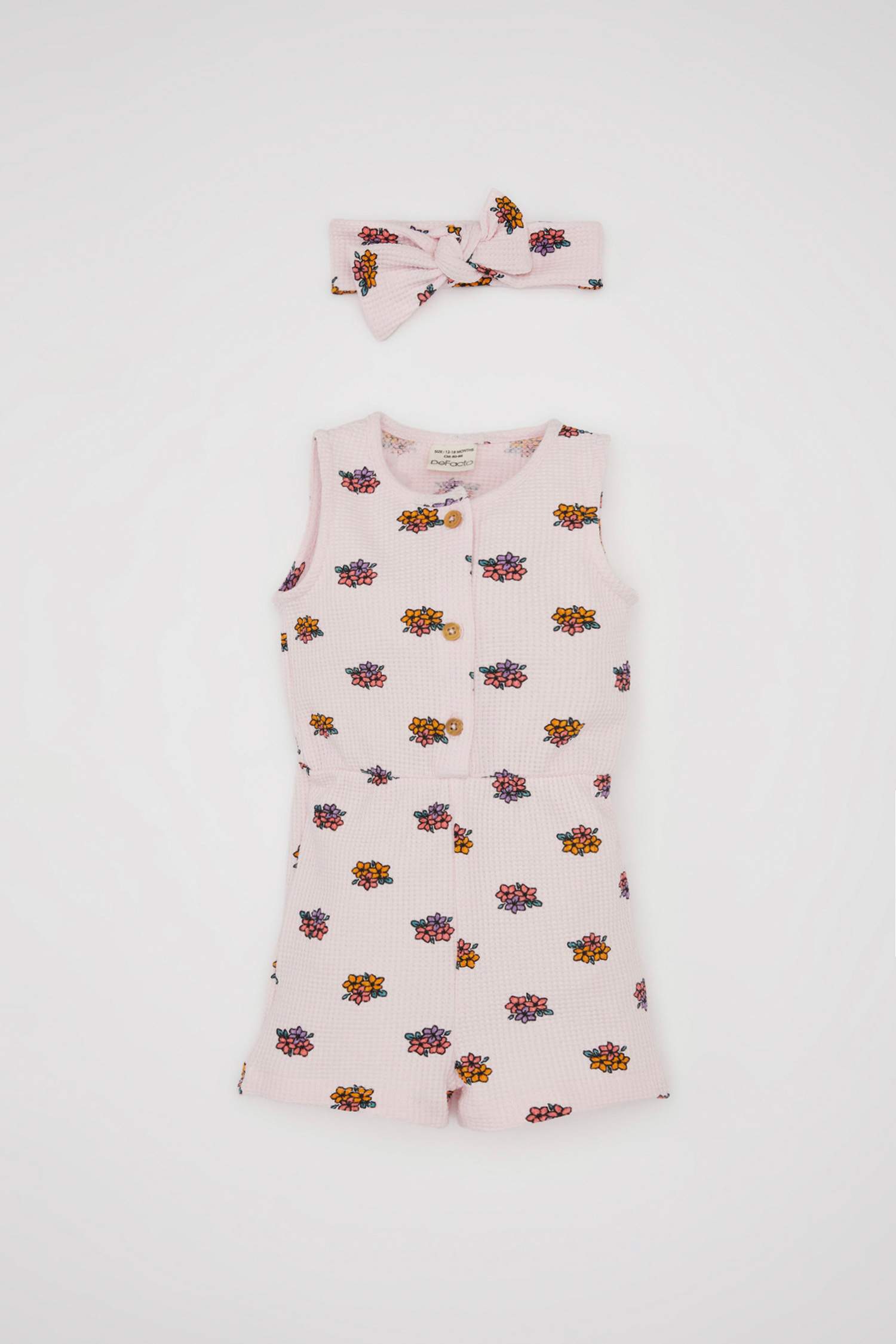 Baby Girl Floral Waffle Jumpsuit Hair Band 2 Piece Set