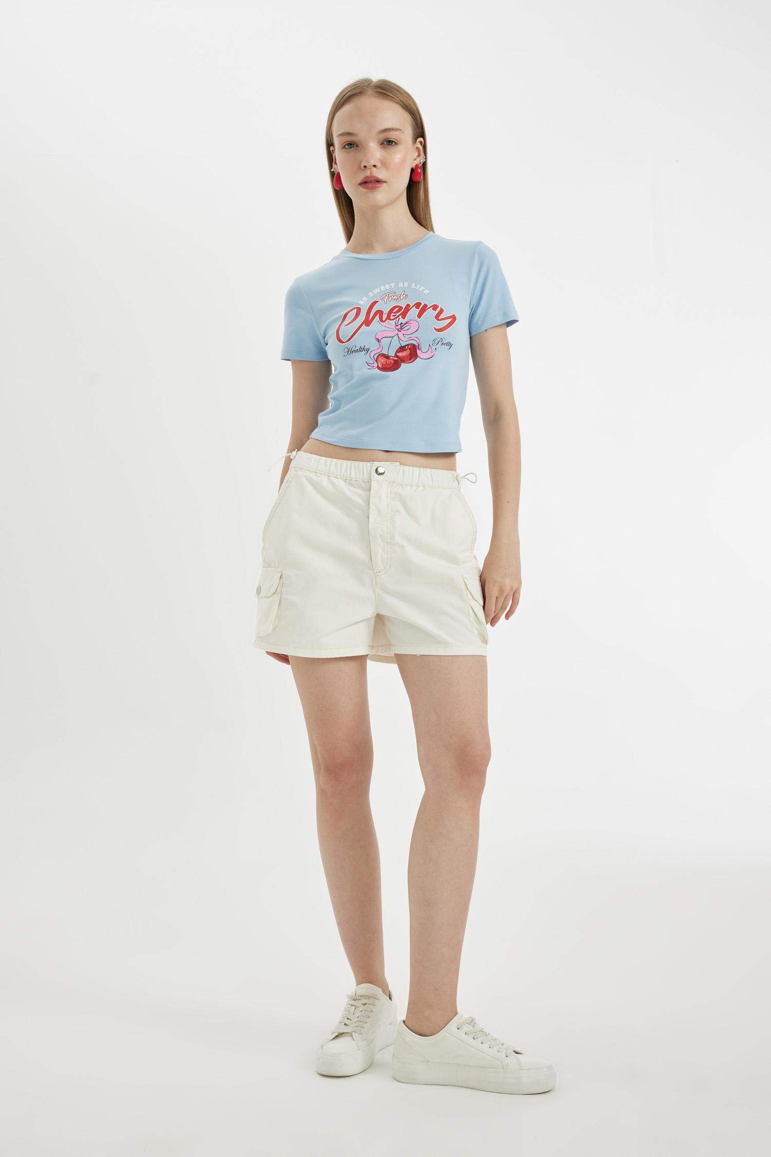 Fitted Bisiklet Yaka Baskılı Kısa Kollu Tişört