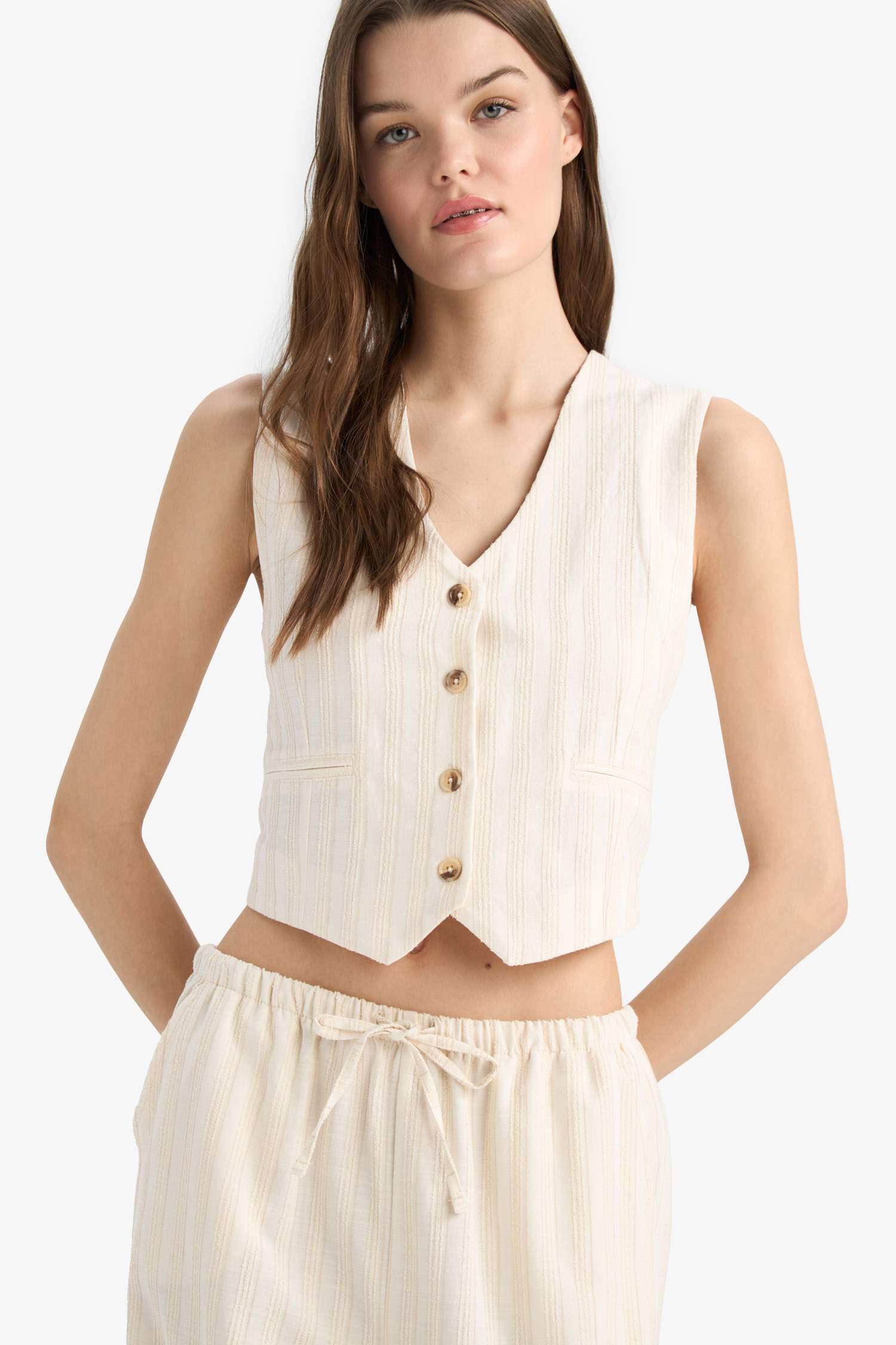 Regular Fit V Yaka Keten Karışımlı Blazer Yelek