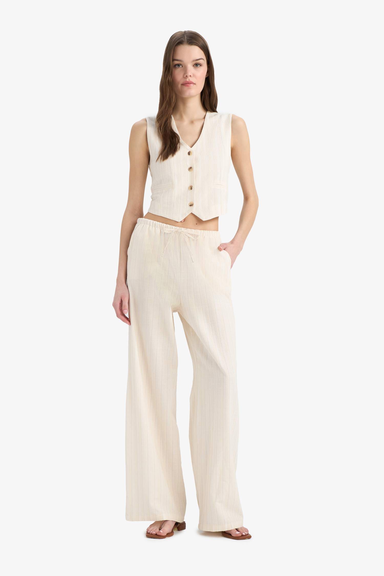 Regular Fit V Yaka Keten Karışımlı Blazer Yelek