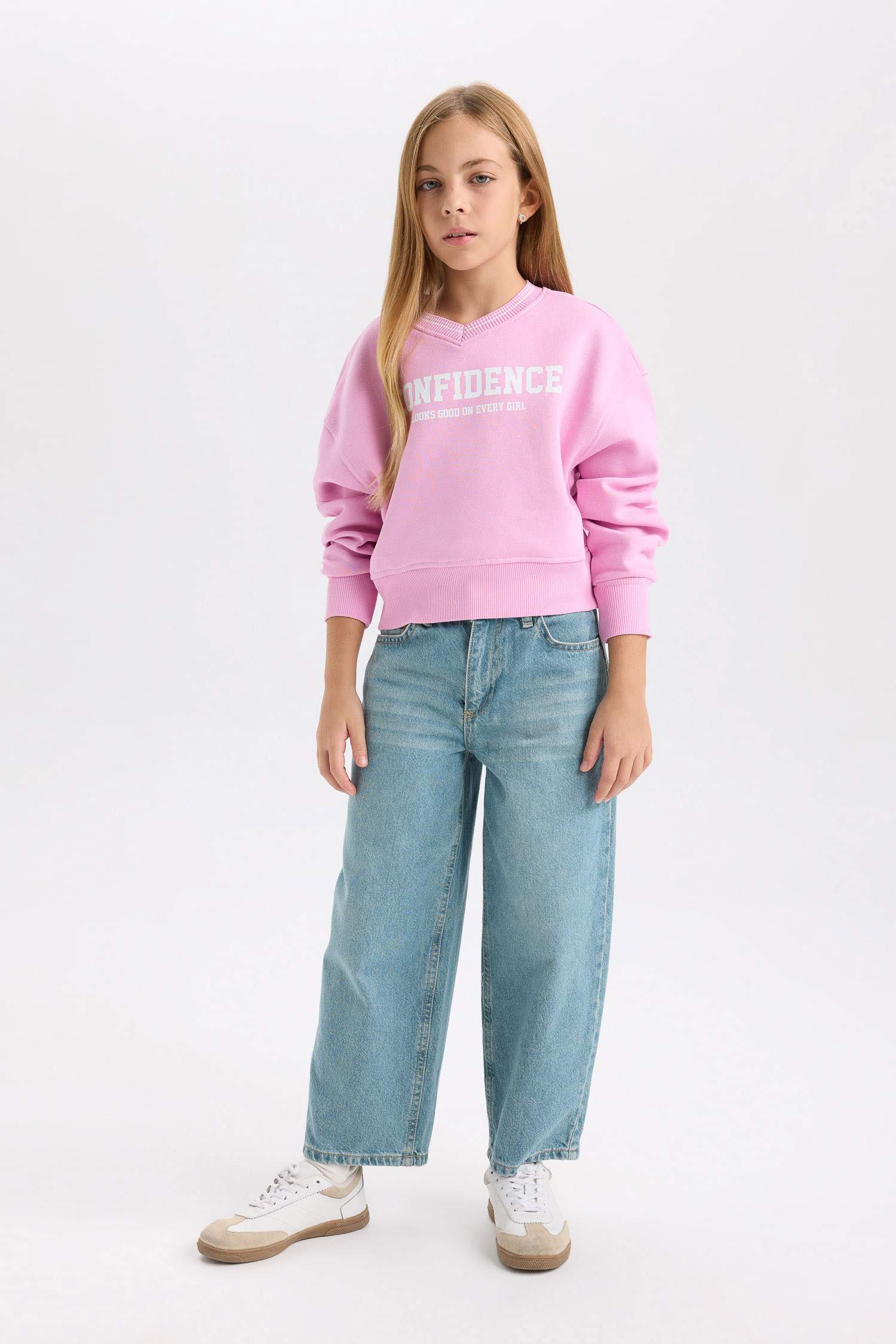 Kız Çocuk V Yaka Baskılı İçi Yumuşak Tüylü Sweatshirt