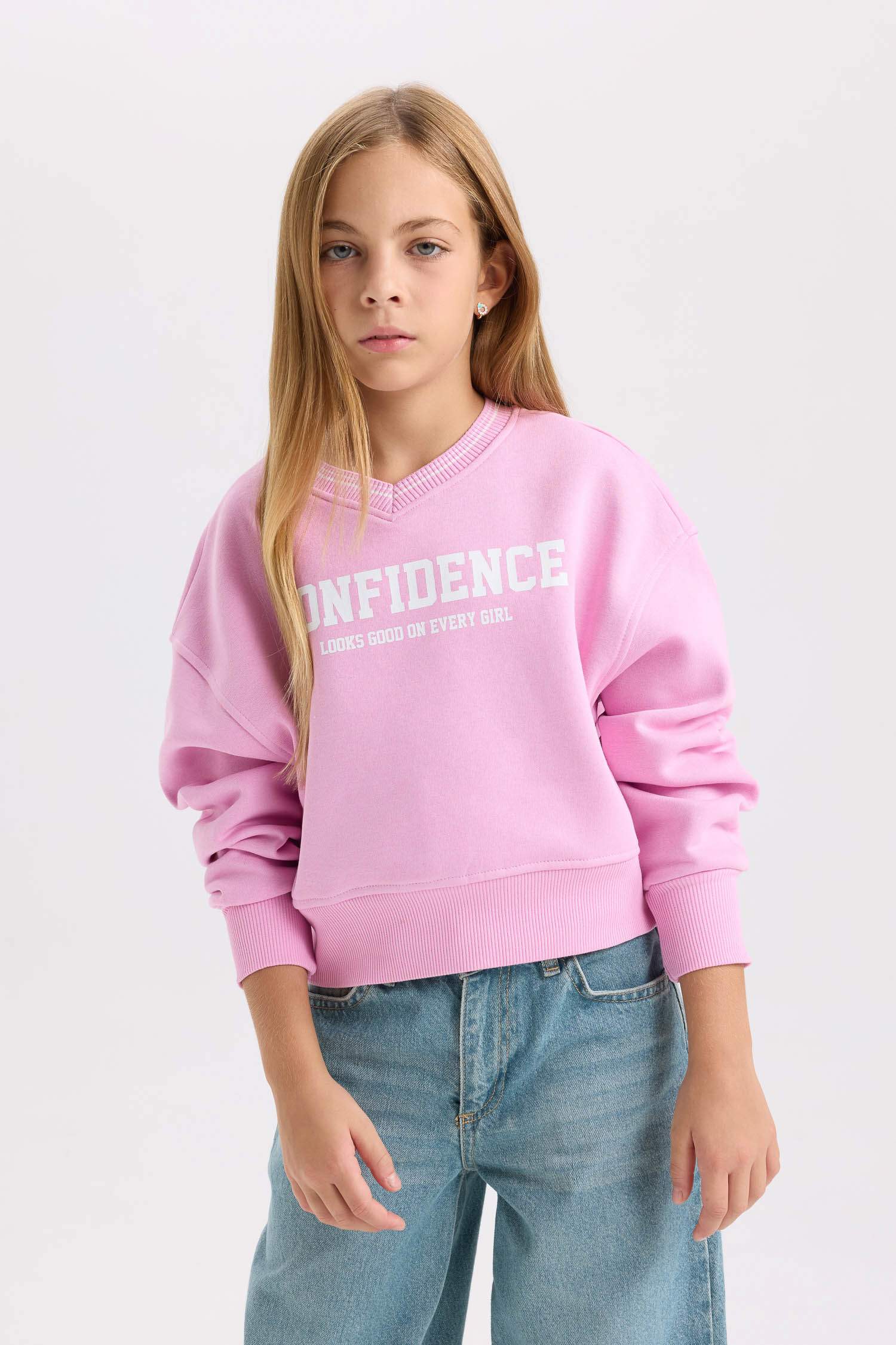 Kız Çocuk V Yaka Baskılı İçi Yumuşak Tüylü Sweatshirt