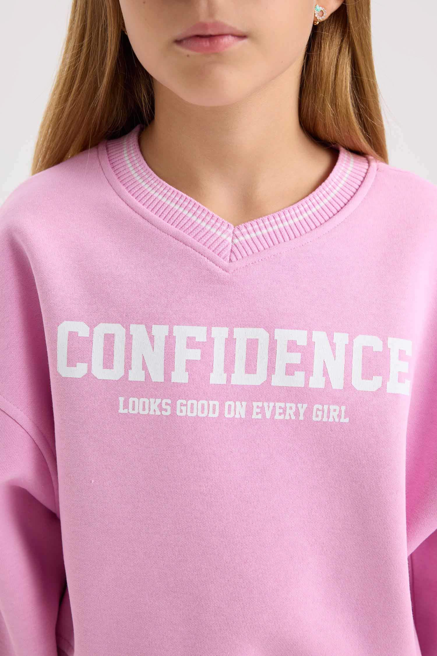 Kız Çocuk V Yaka Baskılı İçi Yumuşak Tüylü Sweatshirt