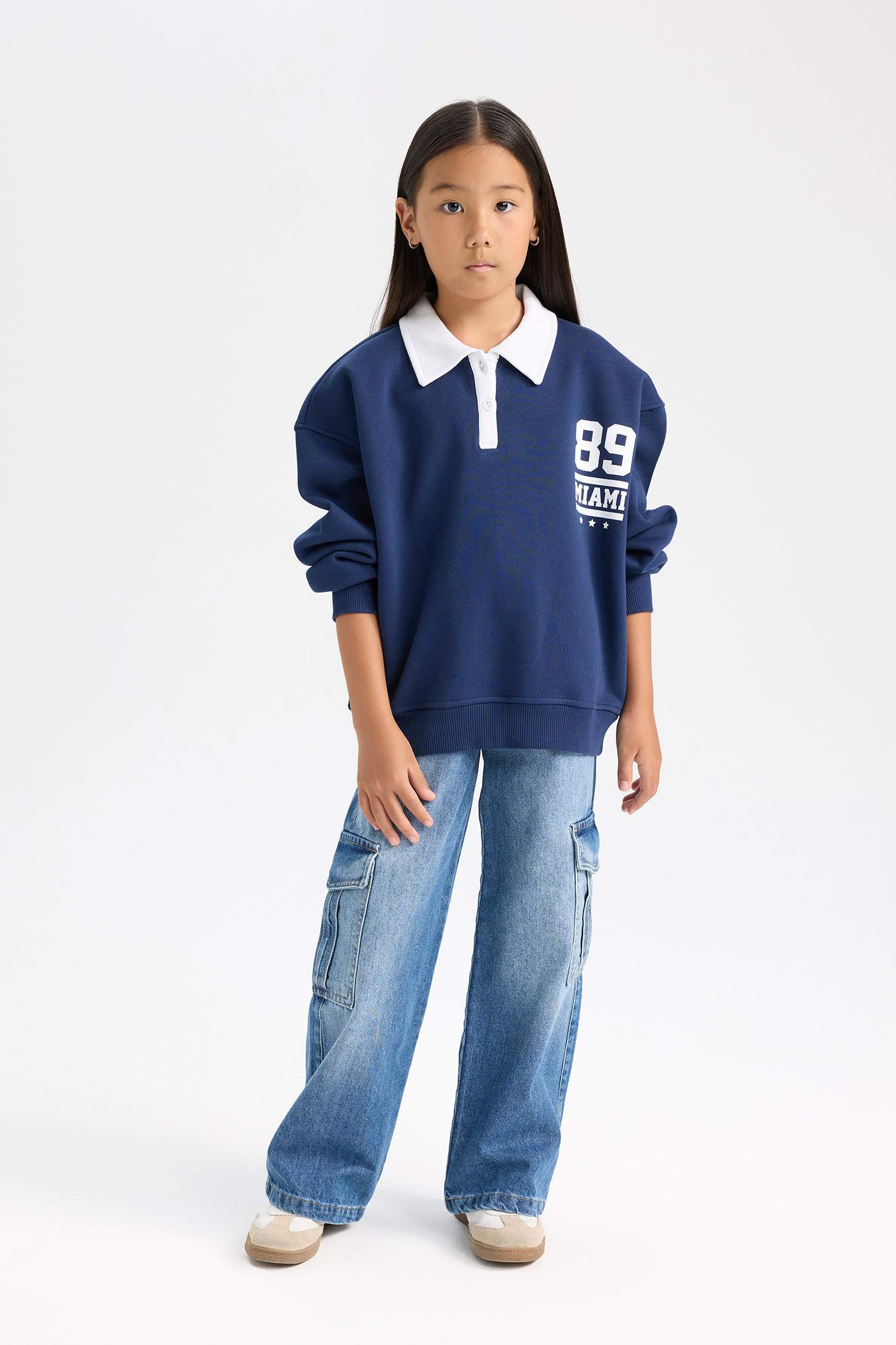 Kız Çocuk Oversize Geniş Kalıp Polo Yaka Baskılı İçi Yumuşak Tüylü Sweatshirt