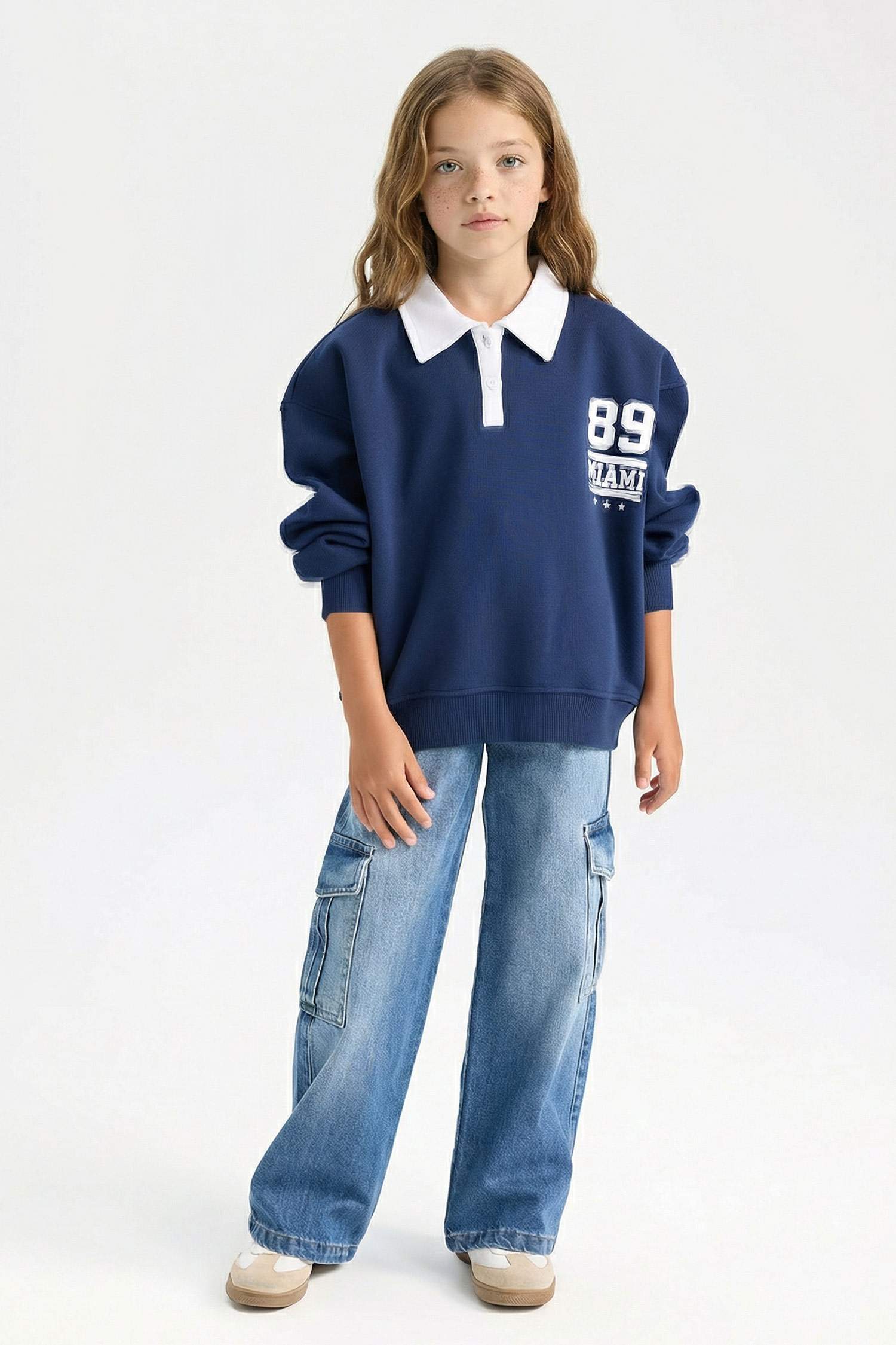 Girl Oversize Fit Polo Neck Printed Thick Sweatshirt