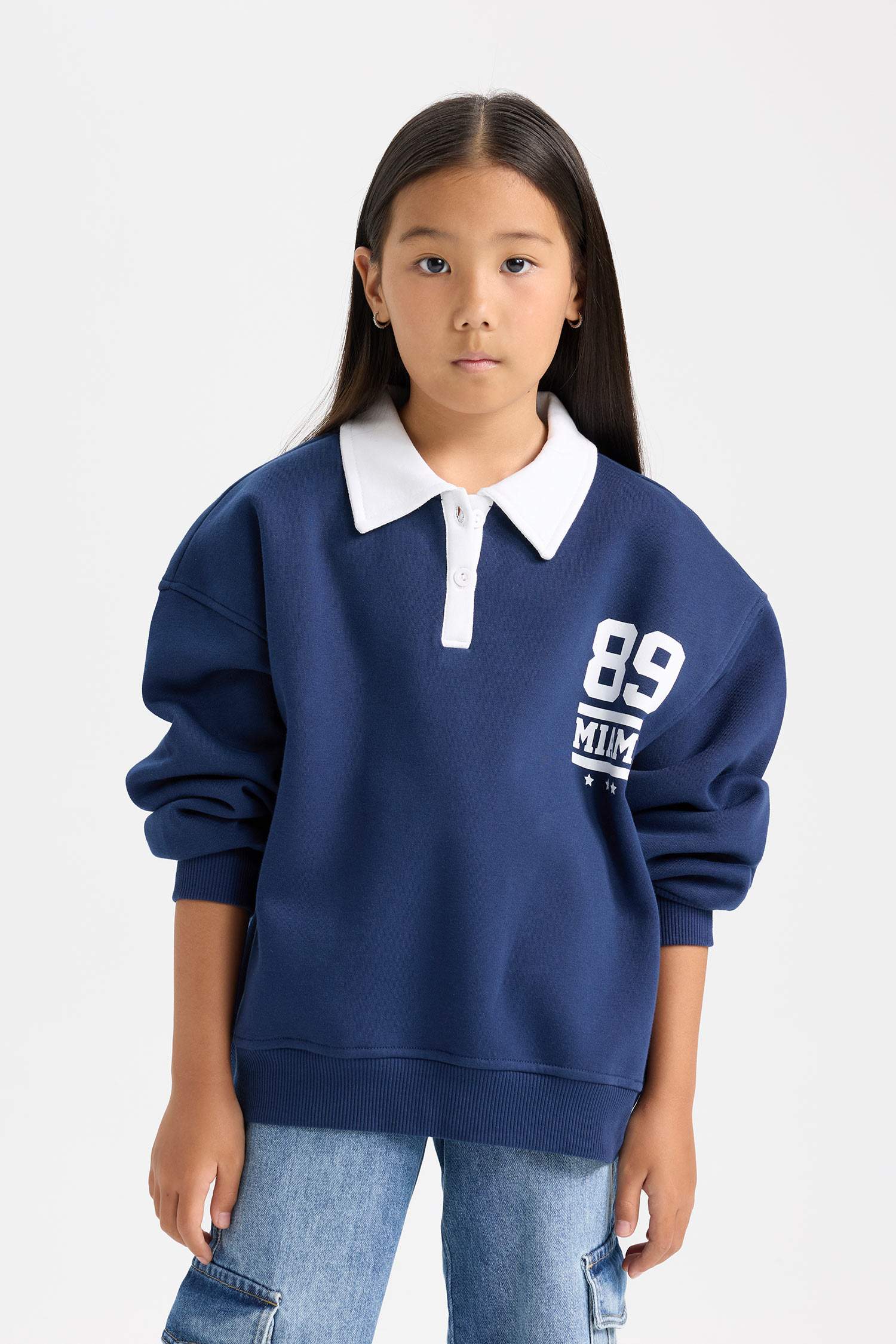 Kız Çocuk Oversize Geniş Kalıp Polo Yaka Baskılı İçi Yumuşak Tüylü Sweatshirt