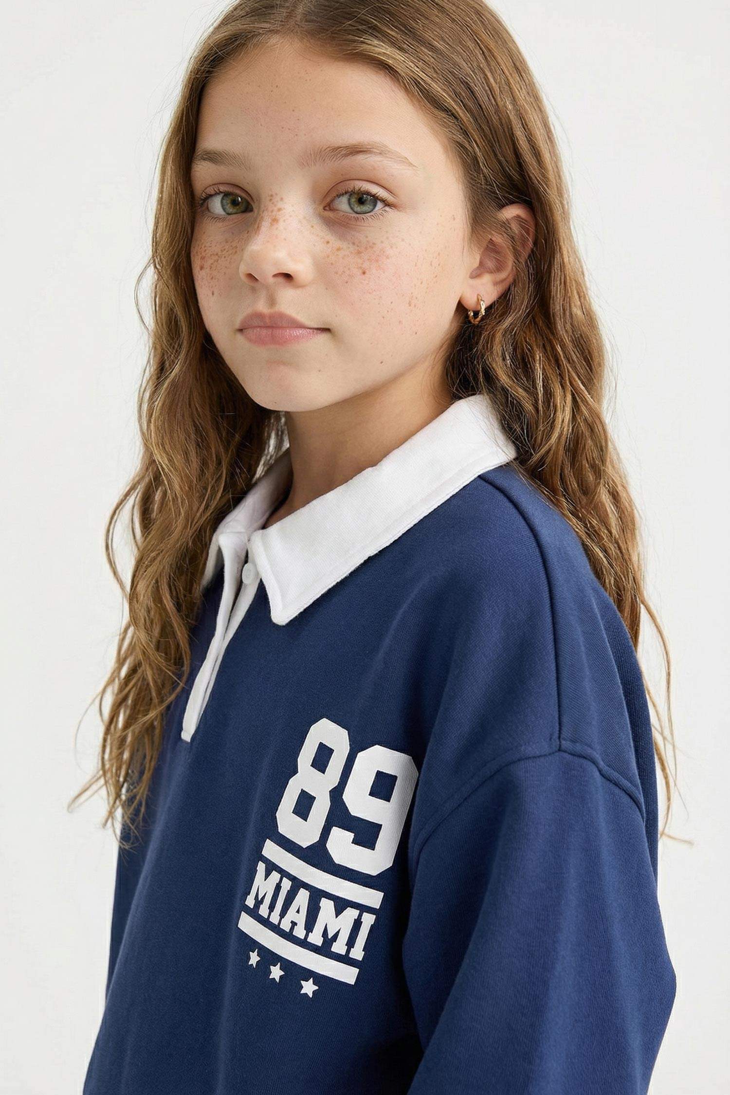 Girl Oversize Fit Polo Neck Printed Thick Sweatshirt