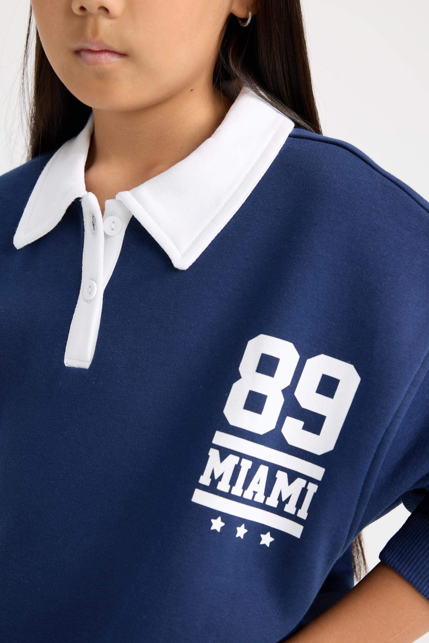 Kız Çocuk Oversize Geniş Kalıp Polo Yaka Baskılı İçi Yumuşak Tüylü Sweatshirt