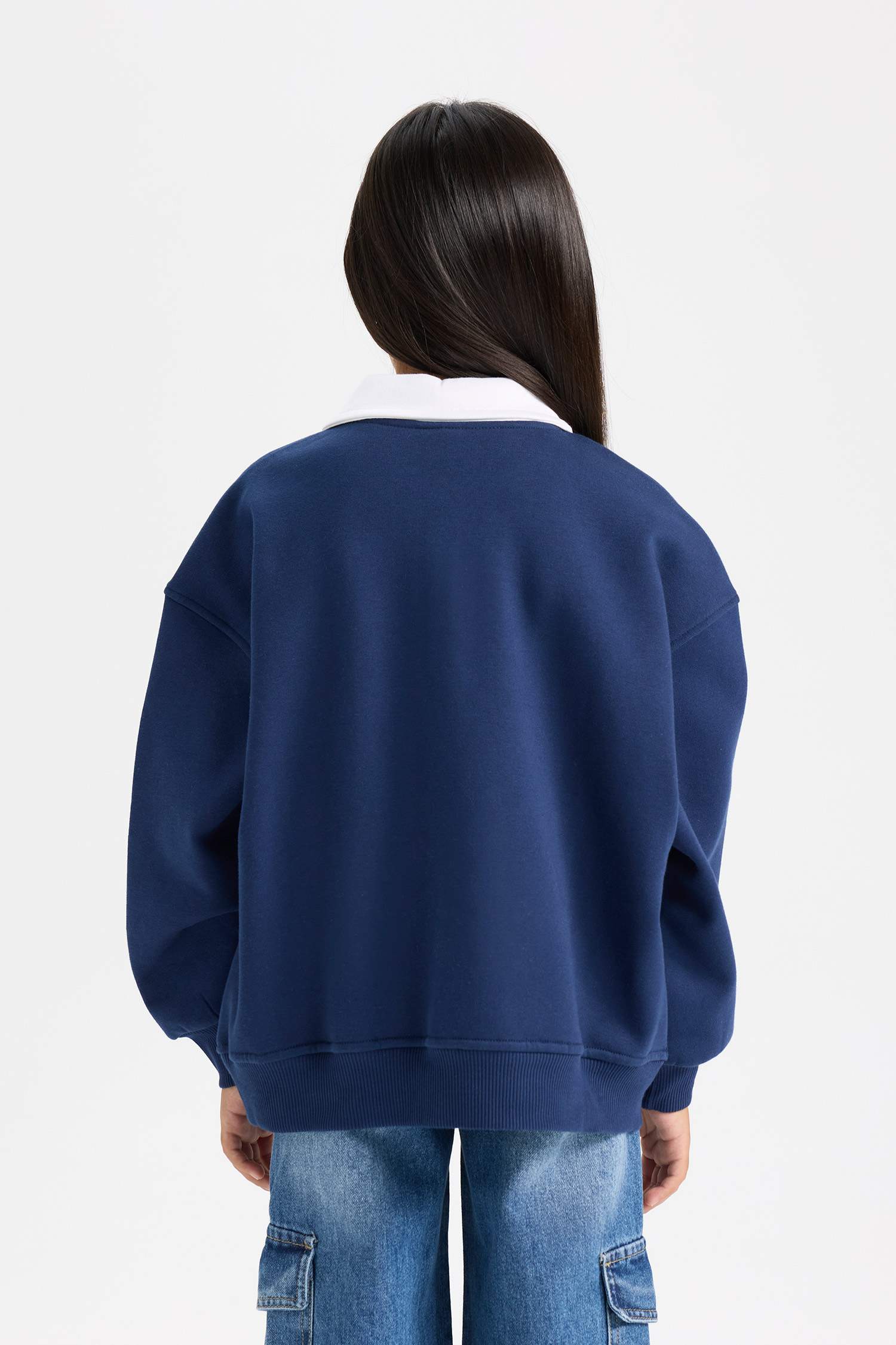 Kız Çocuk Oversize Geniş Kalıp Polo Yaka Baskılı İçi Yumuşak Tüylü Sweatshirt